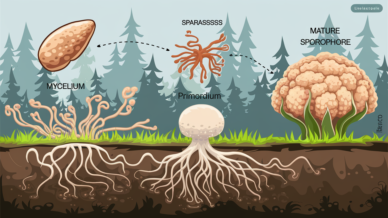 Cycle de vie de Sparassis crispa : spore, mycélium, primordium, sporophore.