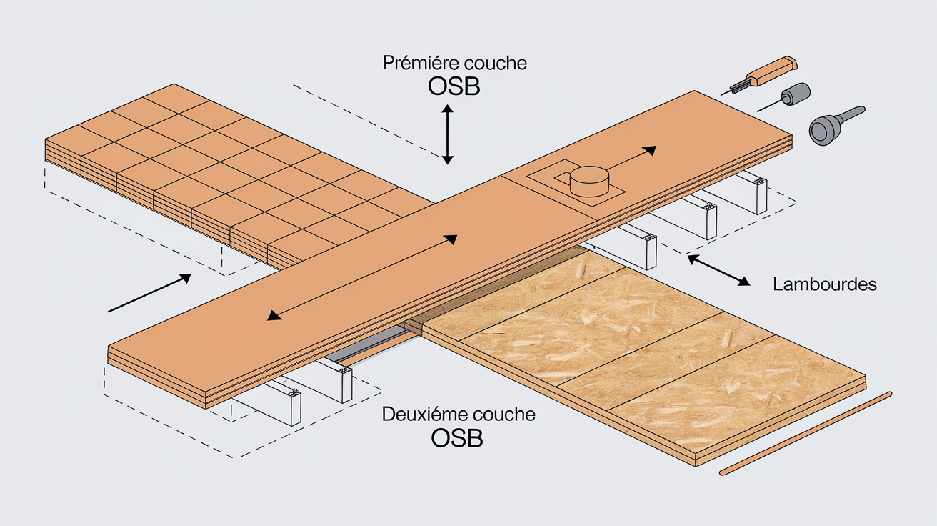 Schéma doublage croisé plancher OSB lambourdes deux orientations outillage visible.