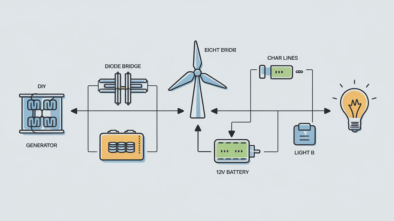Schéma simple branchements électriques micro-éolienne : Générateur, pont de diodes, régulateur, batterie 12V, ampoule.
