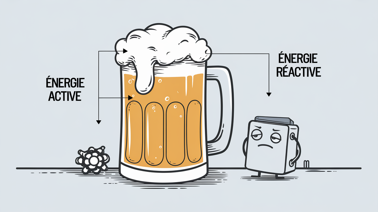 Analogie bière énergie active et réactive, boîtier d'économie d'énergie dépité devant la mousse