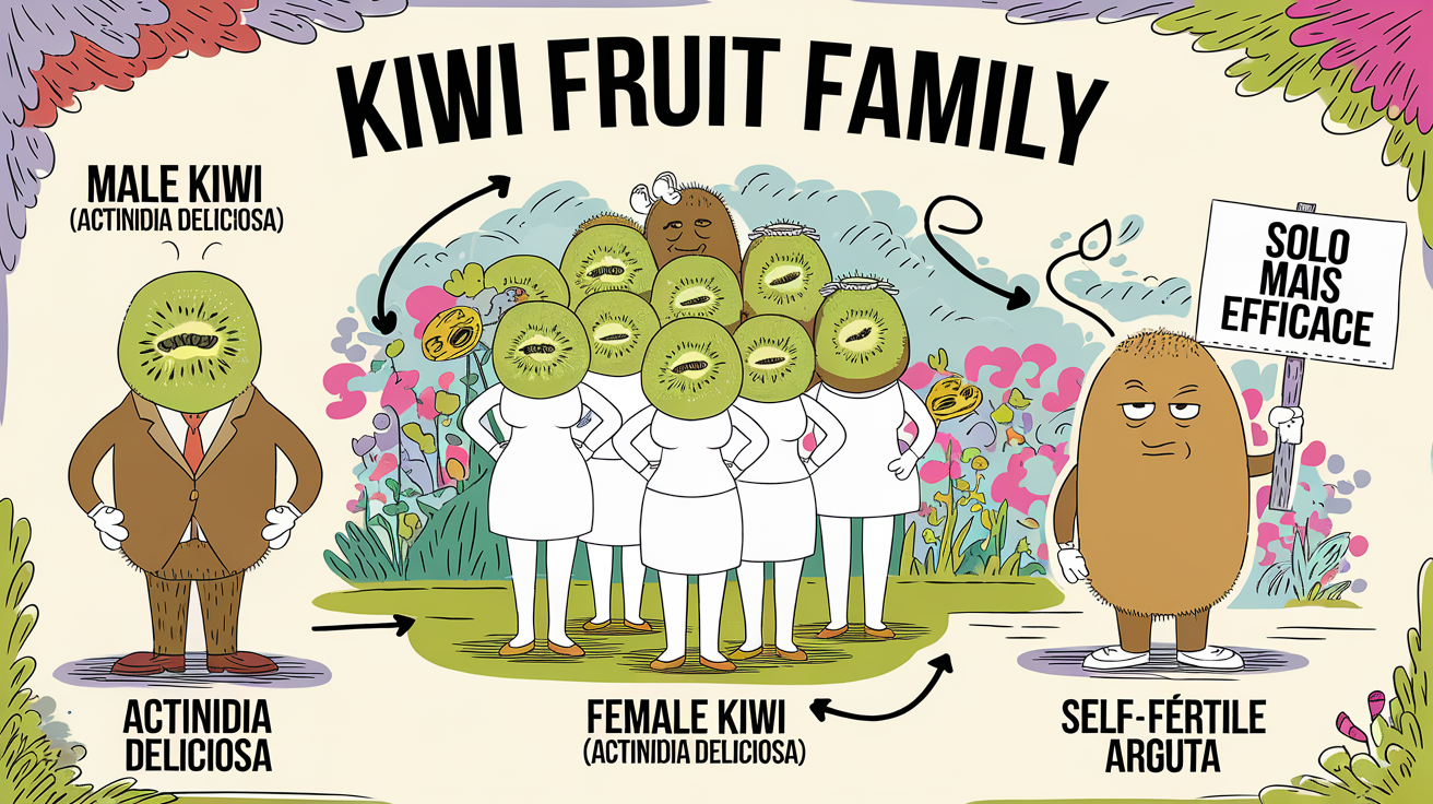 schéma humoristique famille des kiwis dioïque et autofertile