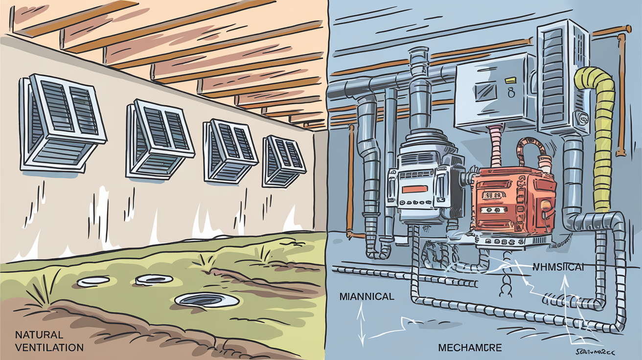 Schéma humoristique comparant ventilation naturelle et mécanique sous-sol