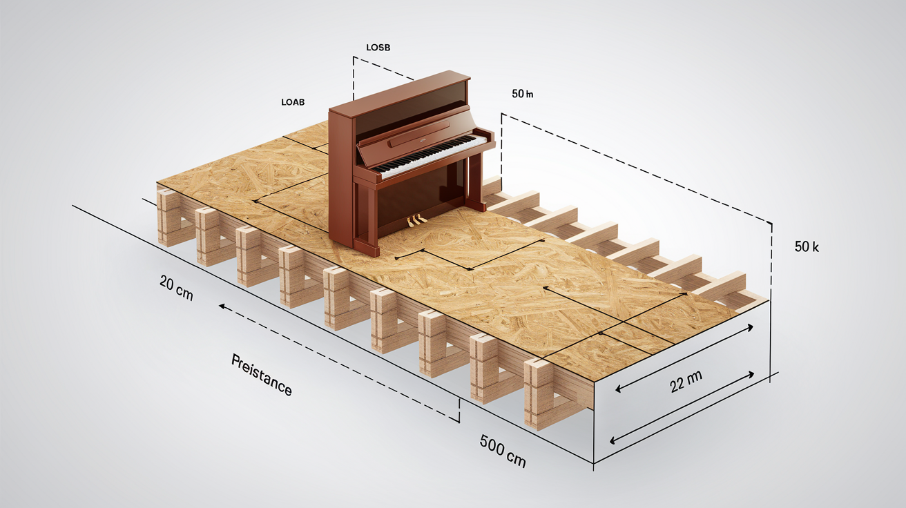 Schéma coupe d’un salon de 20 m² avec solives entraxe 50 cm, OSB 22 mm et piano droit – zones de charges visualisées.