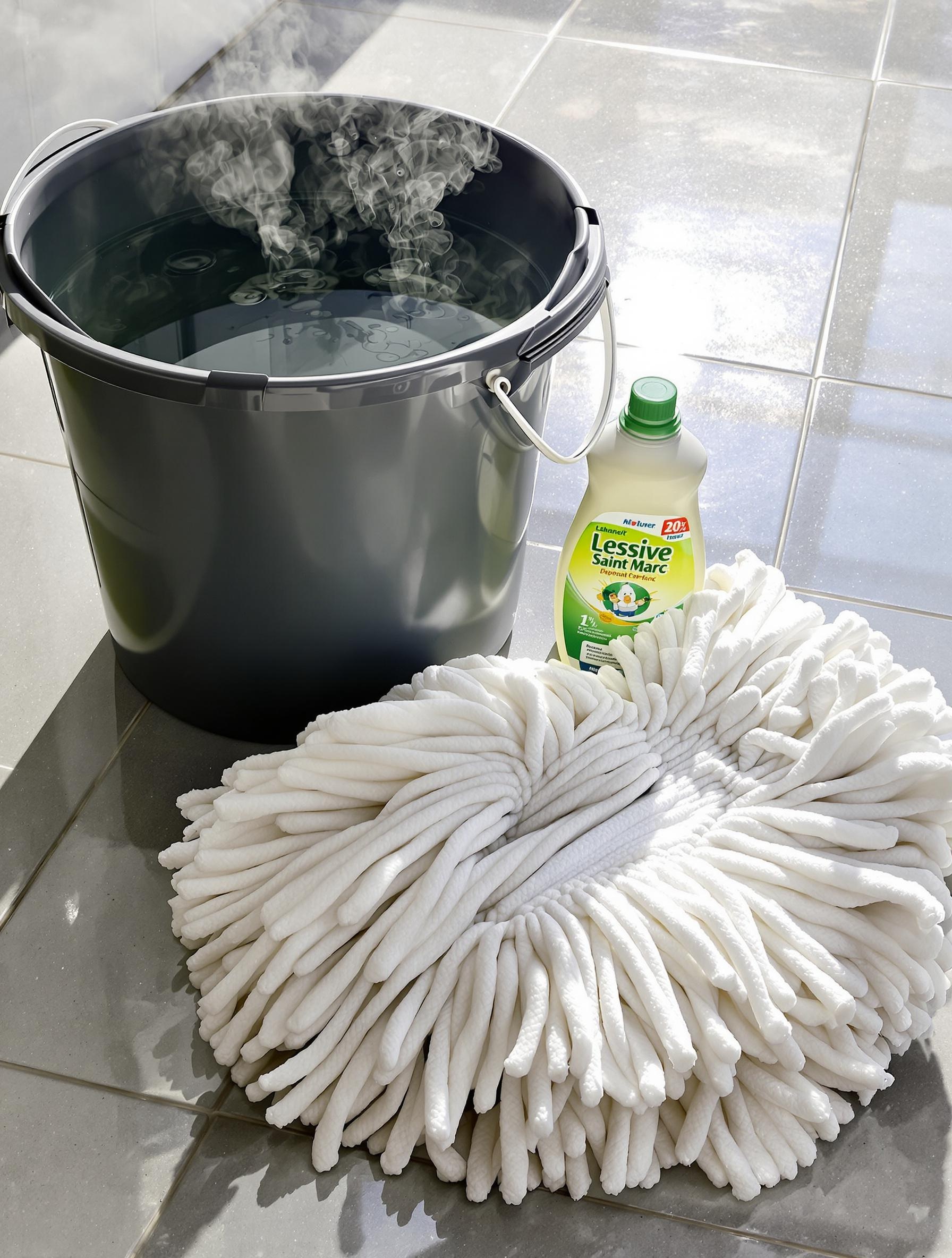 Seau d’eau tiède avec bouchon de lessive Saint Marc et serpillière sur carrelage propre