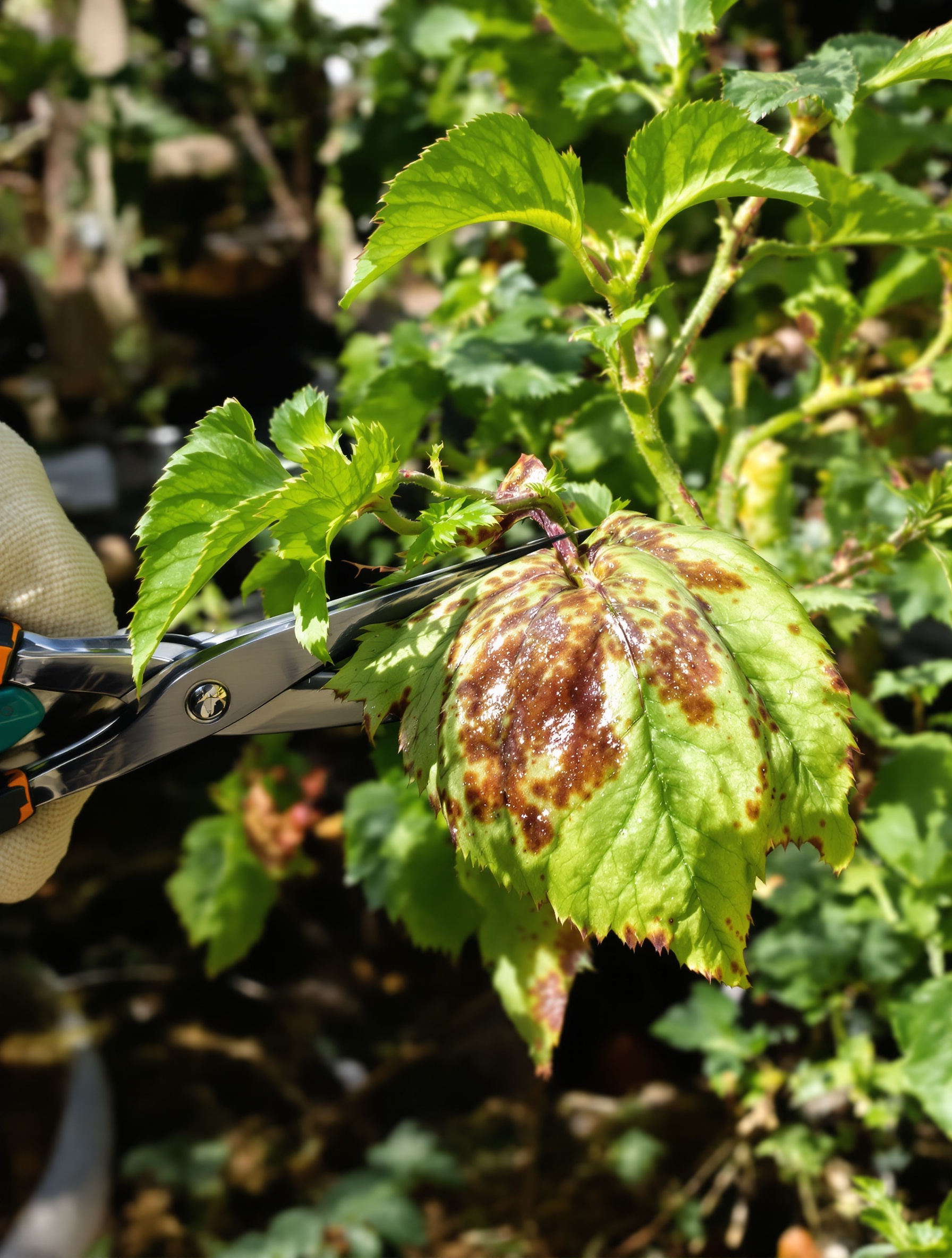 Un sécateur coupe une feuille de tomate malade du mildiou – ambiance urgence potagère.