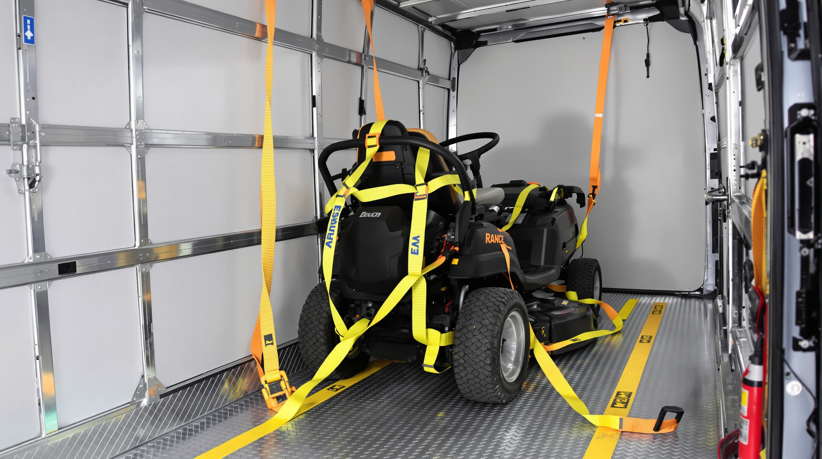 Visuel illustrant comment sécuriser une tondeuse à gazon dans un véhicule utilitaire ou une remorque, à l'aide de sangles d'arrimage pour un transport en toute sécurité.
