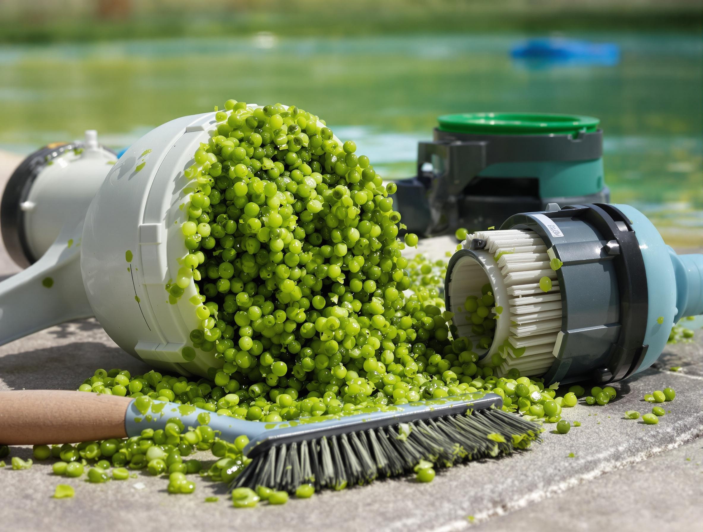 Skimmer bourré d'algues, filtre démonté et brosse – bricolage piscine sans glamour.