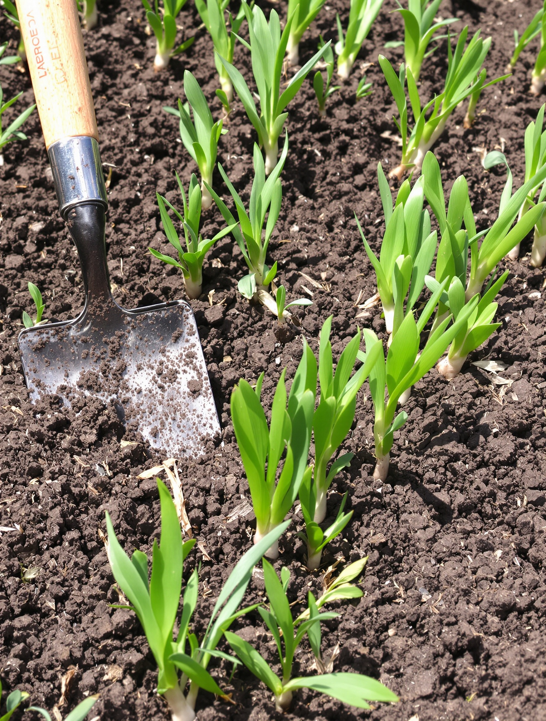 Sol de potager ameubli enrichi de compost prêt à recevoir les jeunes plants de poireaux.