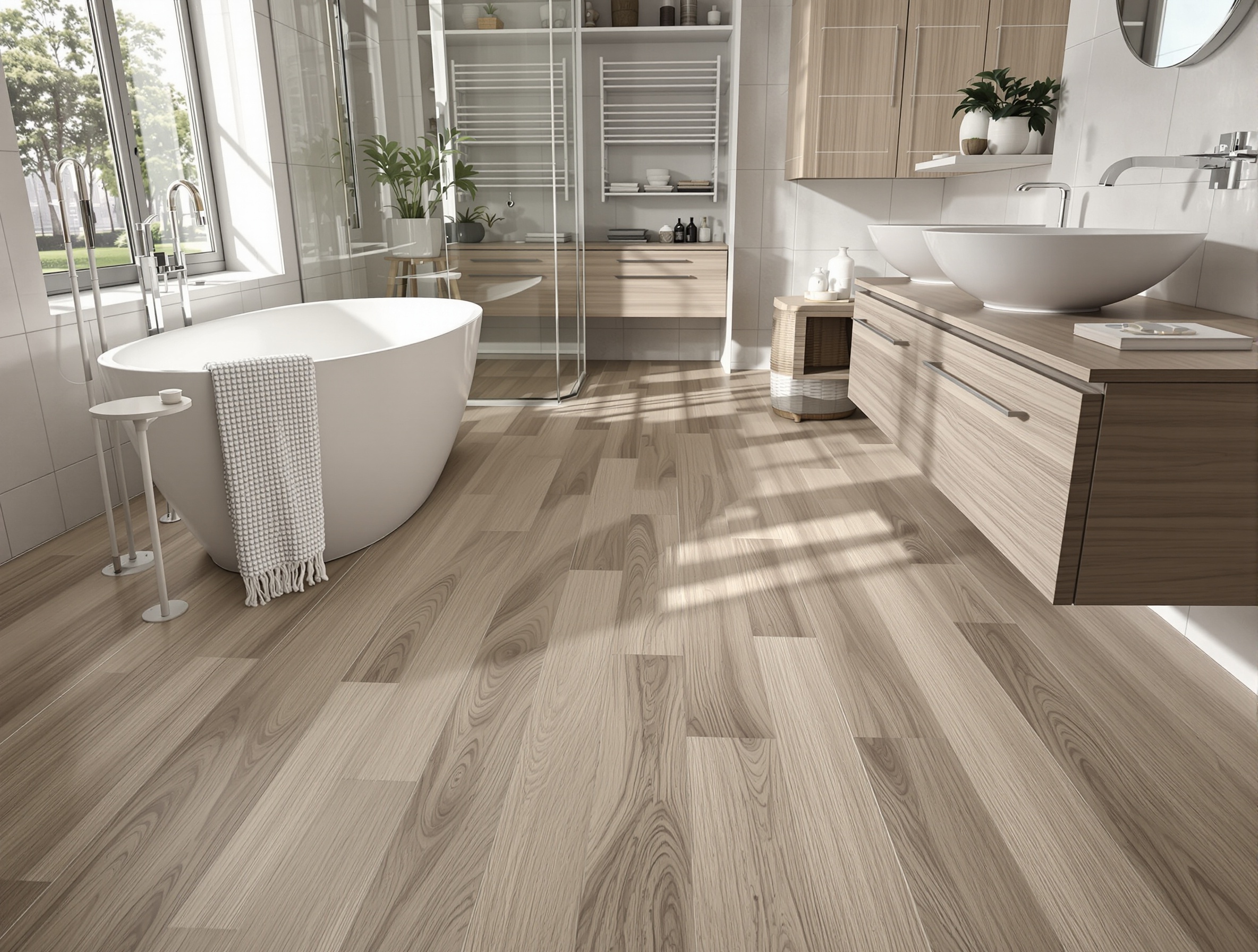 Sol salle de bain rénové avec dalles PVC imitation bois