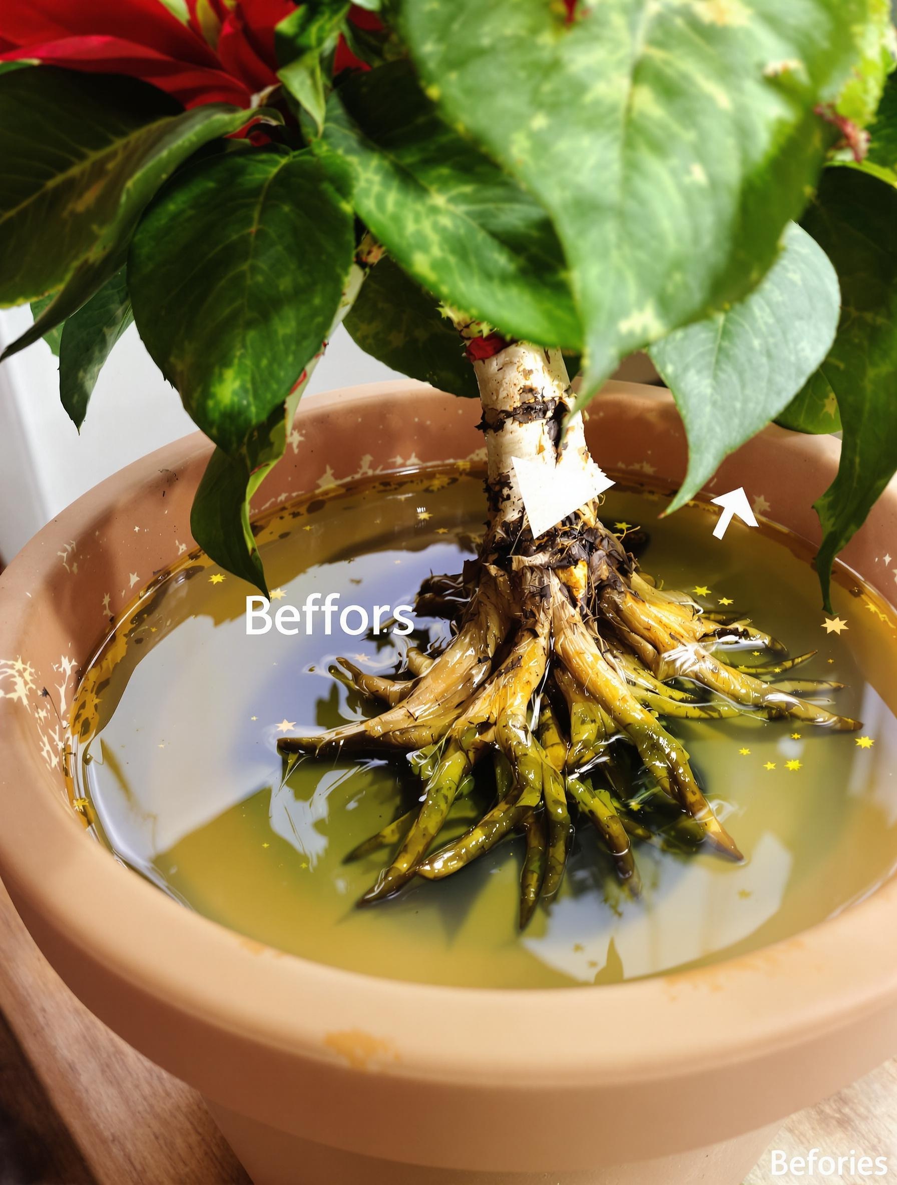 Soucoupe pleine d'eau stagnante sous un poinsettia