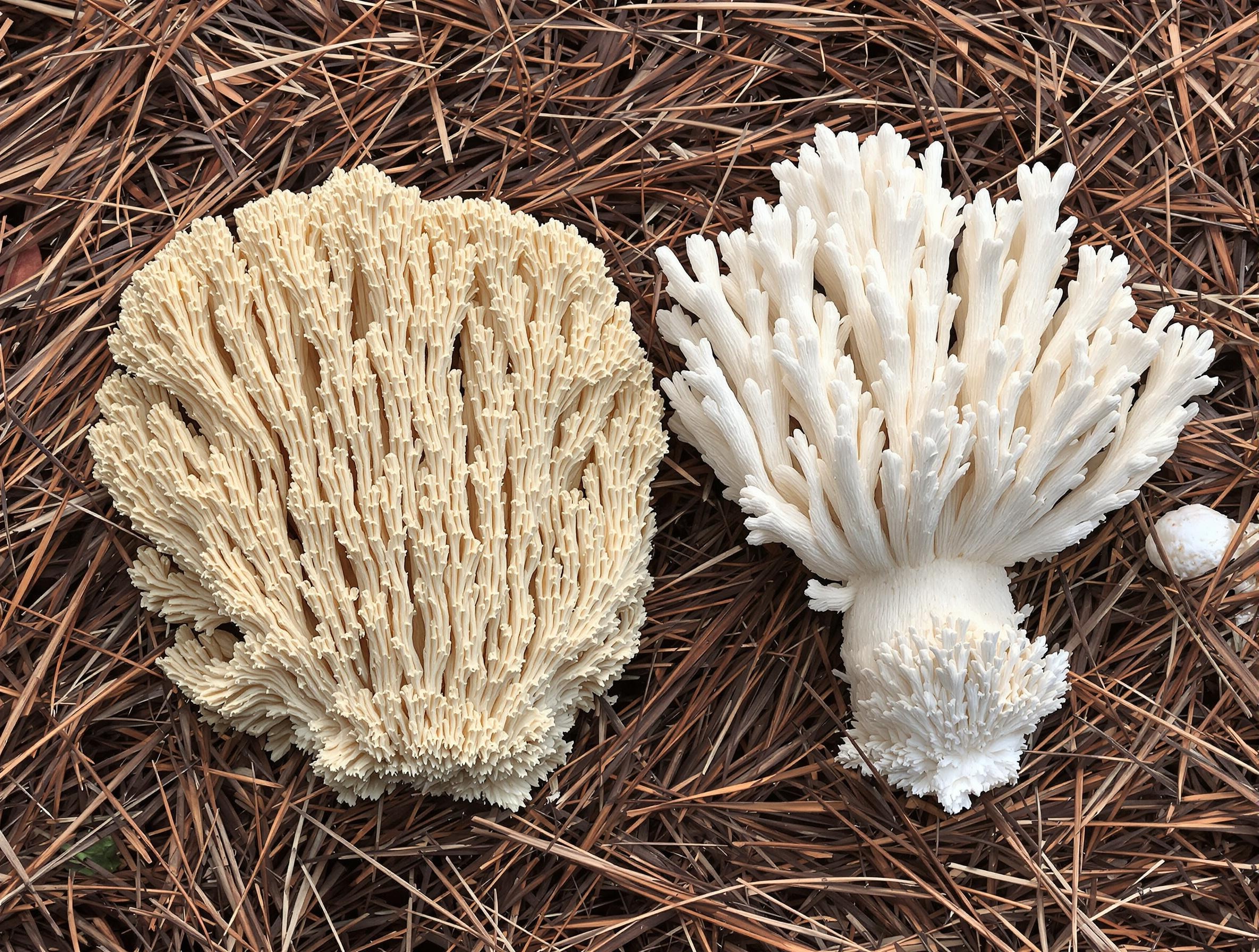 Comparaison des ramifications spongieuses de Sparassis crispa et des rameaux coralliens de Clavulina cristata dans une pinède des Vosges.