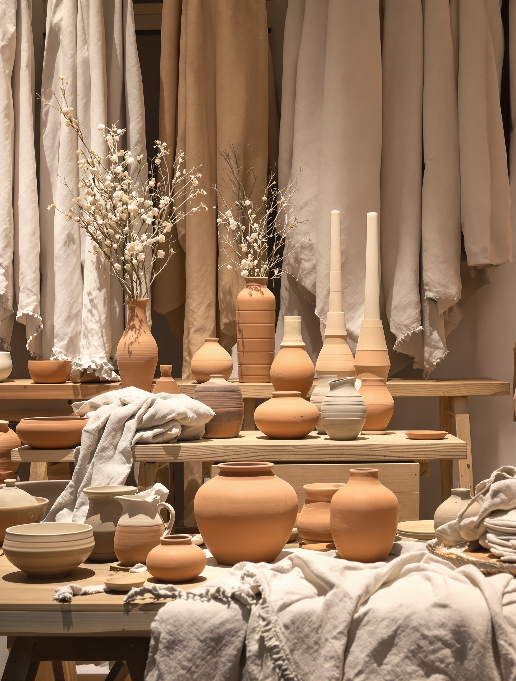 Stand artisanal Maison & Objet 2025 : poteries brutes et lin froissé sur bois massif