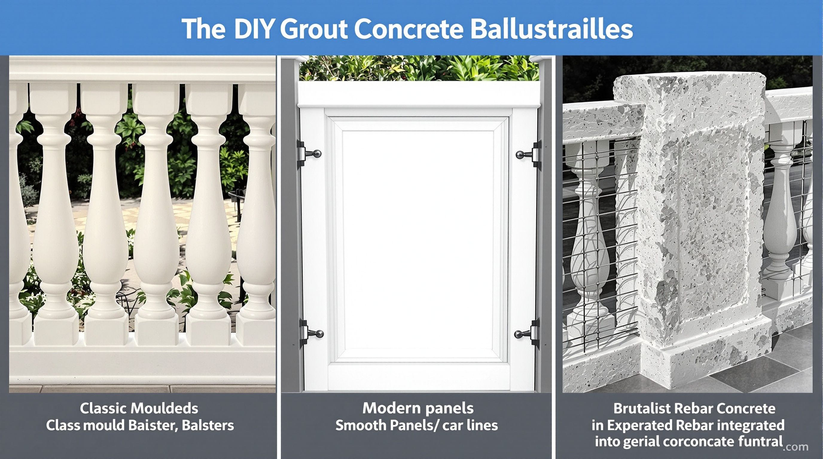 Trois styles balustrades beton DIY classique moderne brutaliste