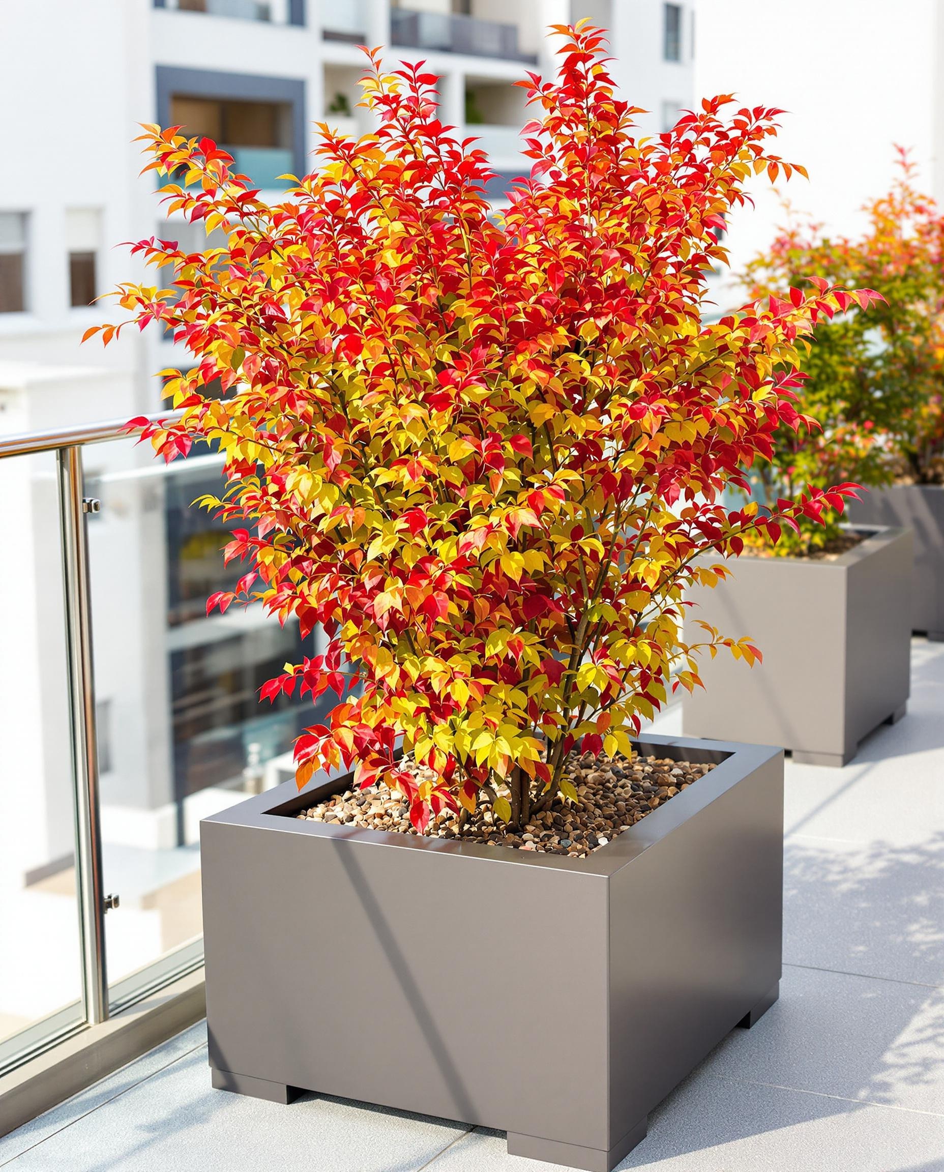 Sumac de Virginie en bac sur une terrasse en automne