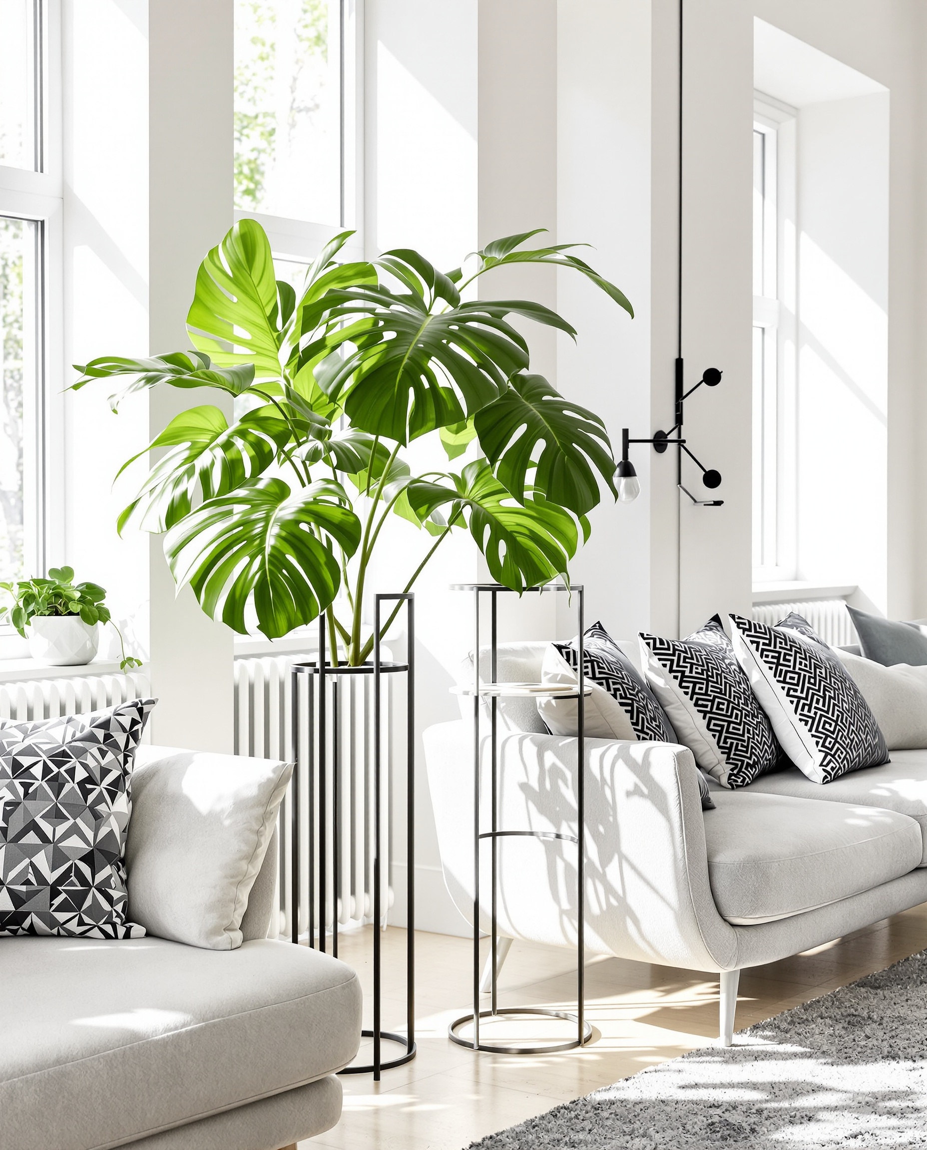 Support de plante sur pied en métal noir, style moderne, Monstera, salon lumineux.