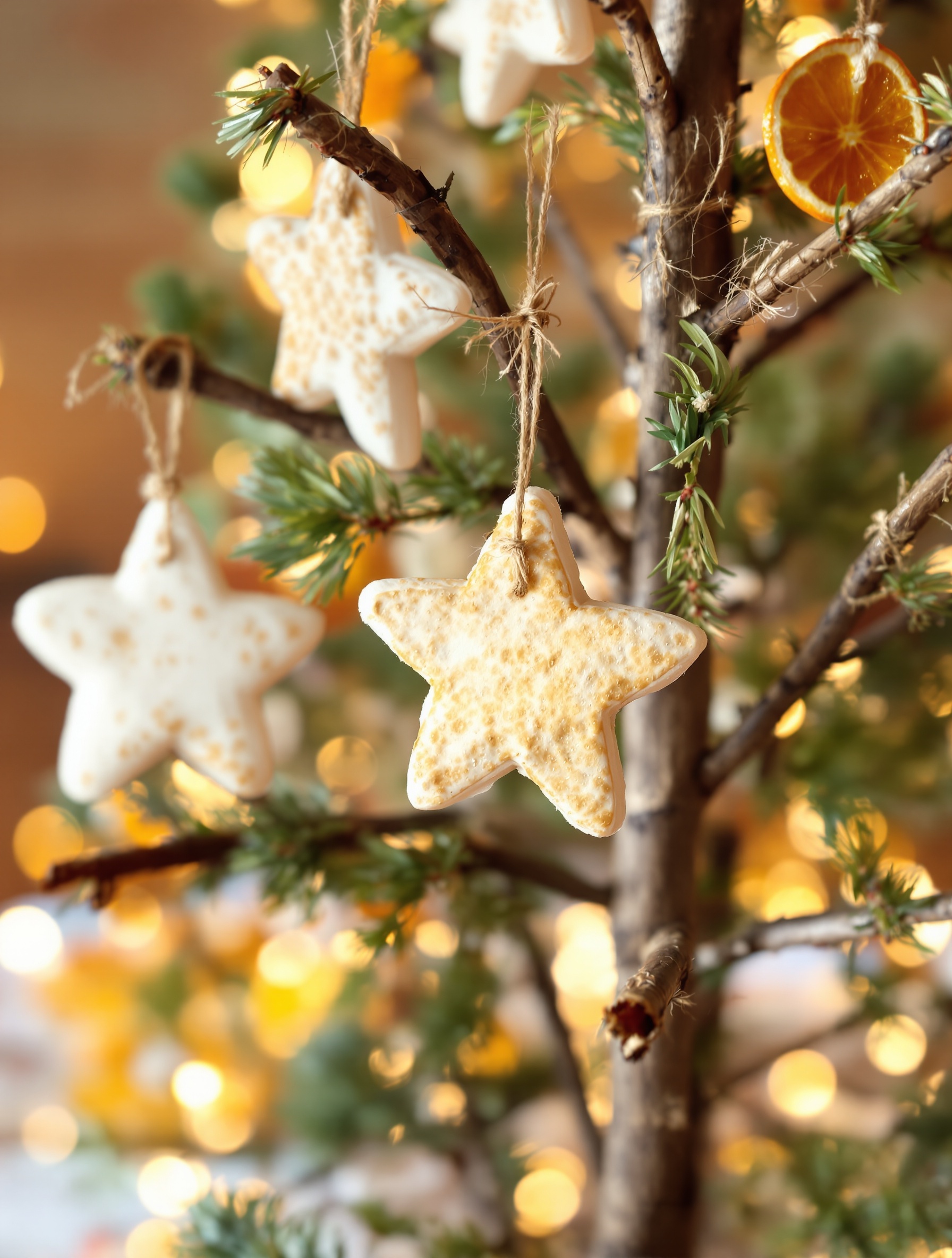 suspensions noël diy enfant étoile pâte sel orange séchée ficelle naturelle sapin alternatif