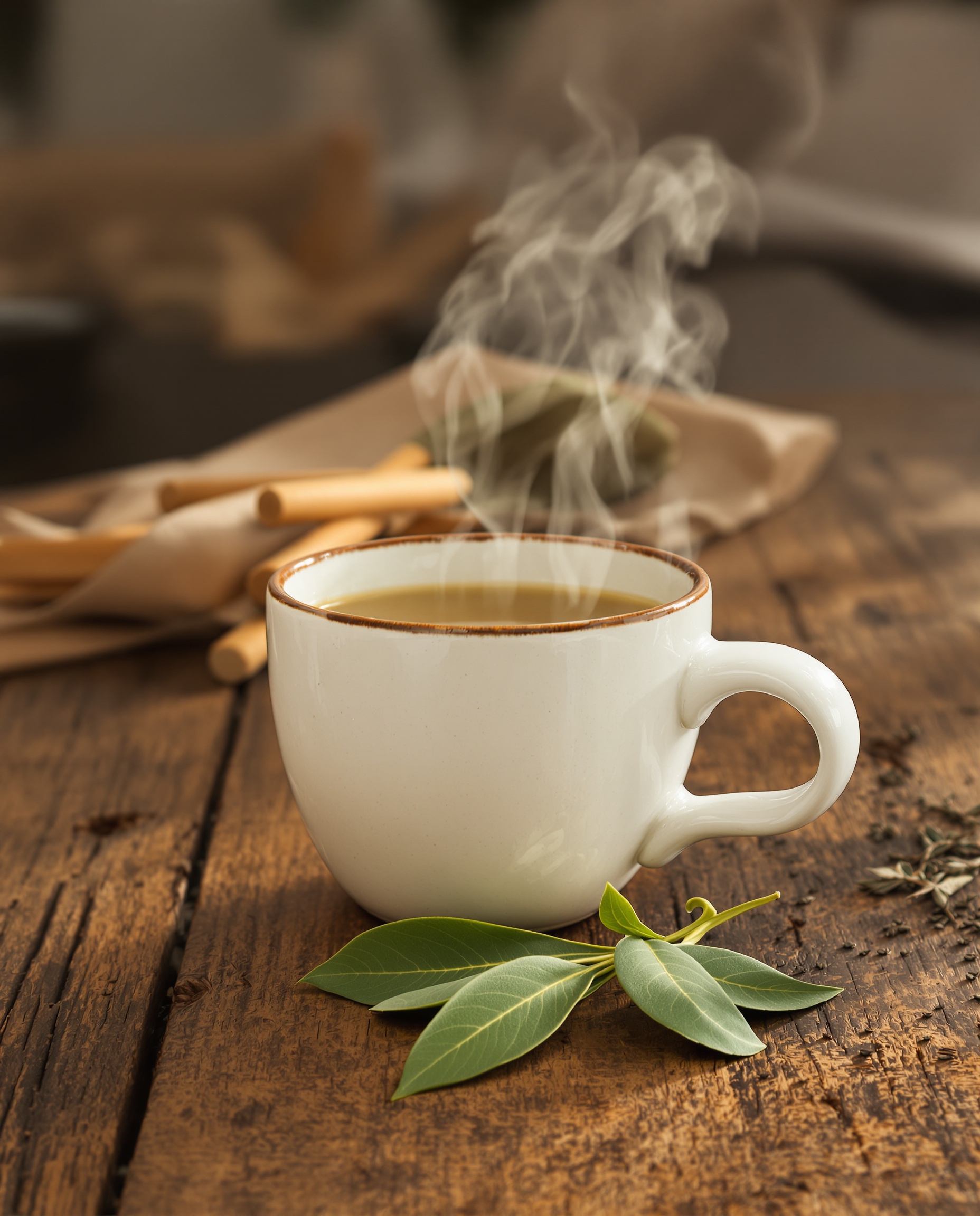 Tasse de tisane au laurier sur une table en bois, ambiance chaleureuse.