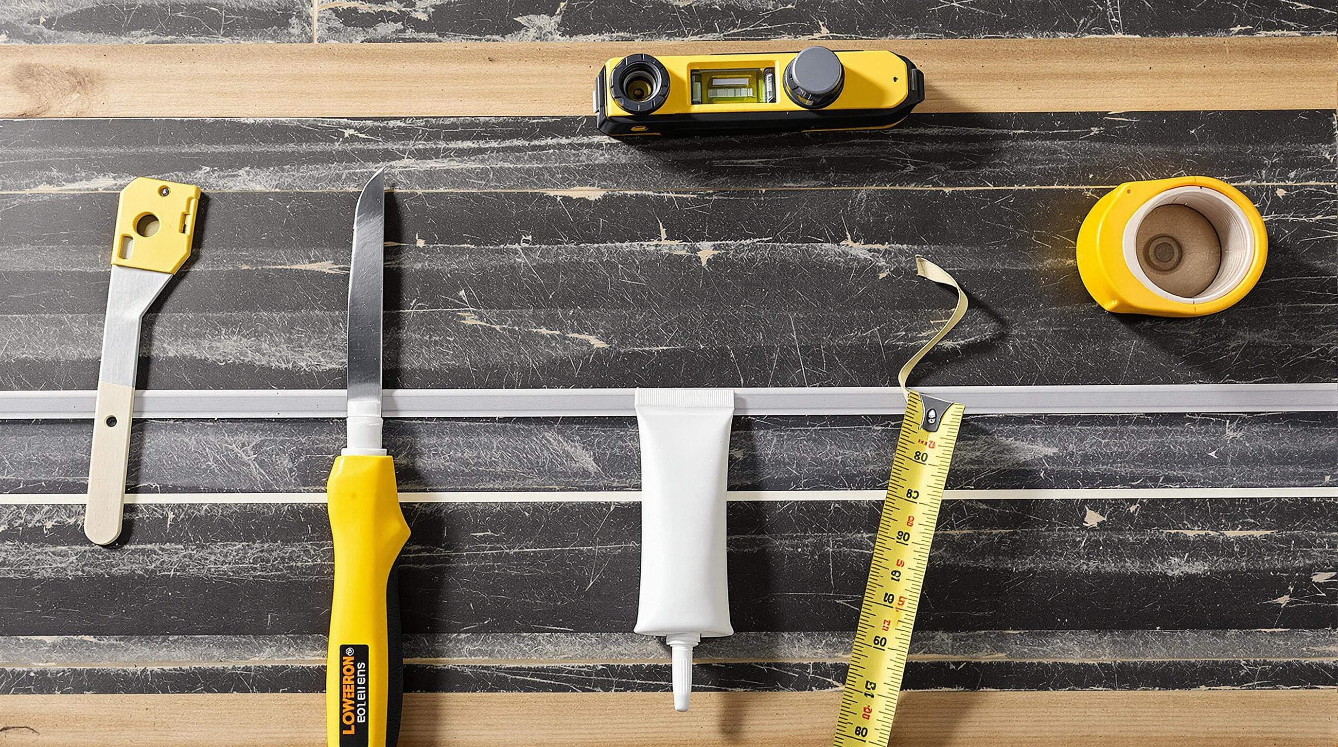 Outils essentiels pour poser une baguette de finition carrelage sur table d'atelier.