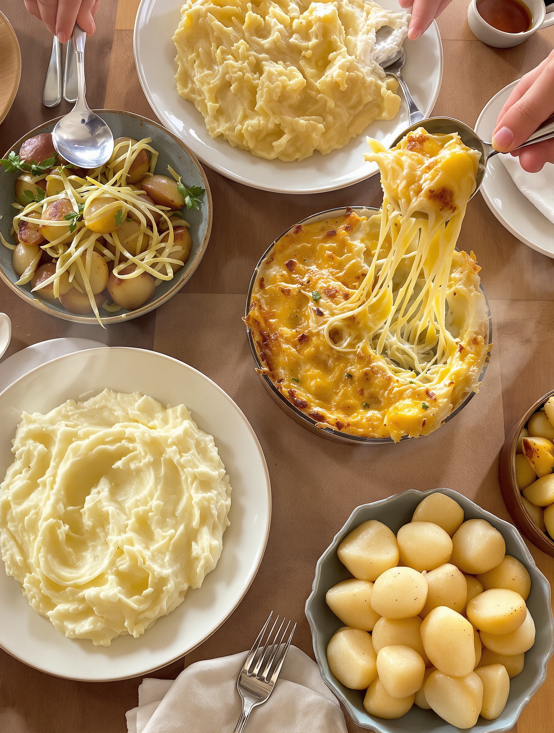 Table conviviale dressée avec plats cuisinés à base de pommes de terre Bintje