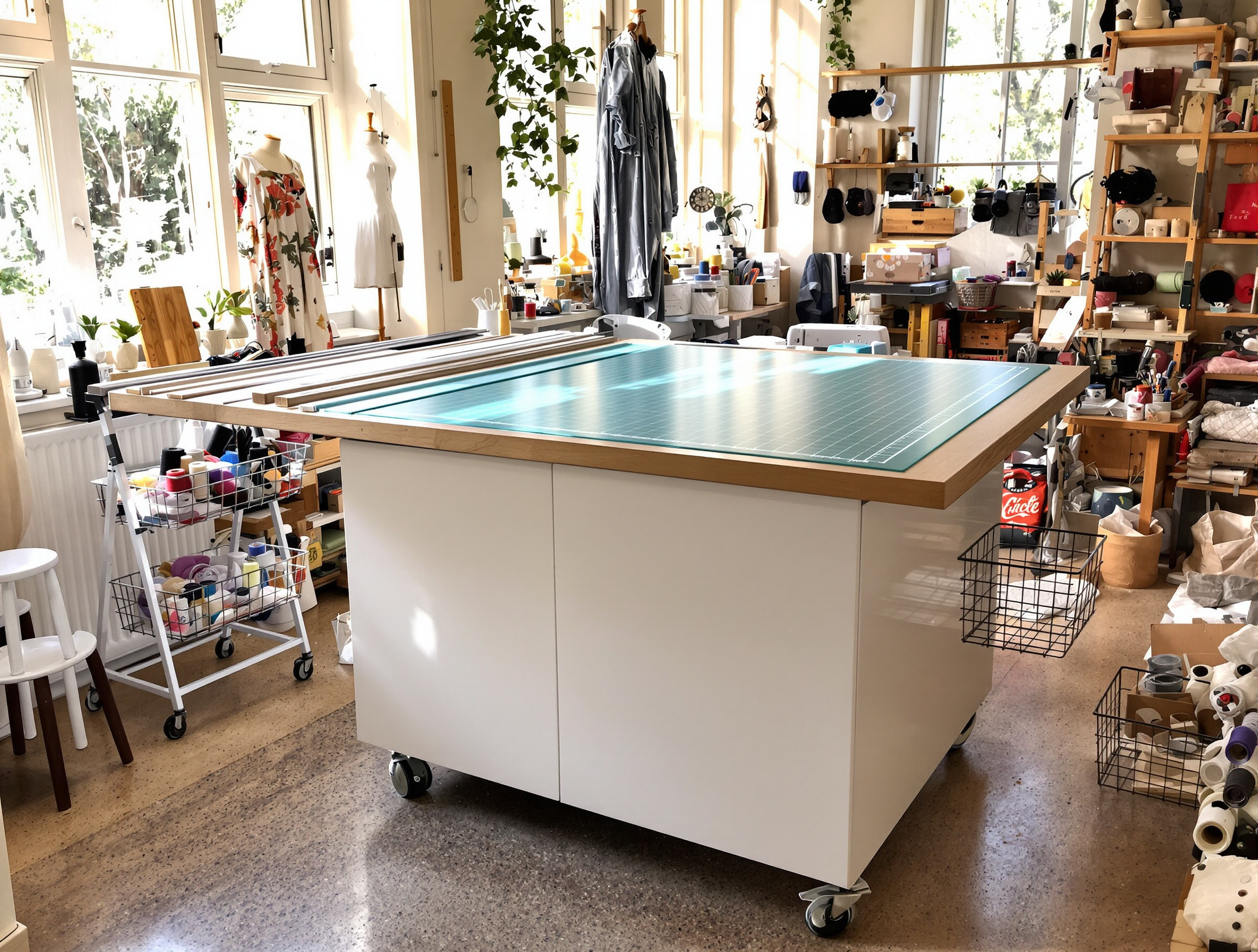 Table de coupe DIY avec caissons IKEA et accessoires couture suspendus.