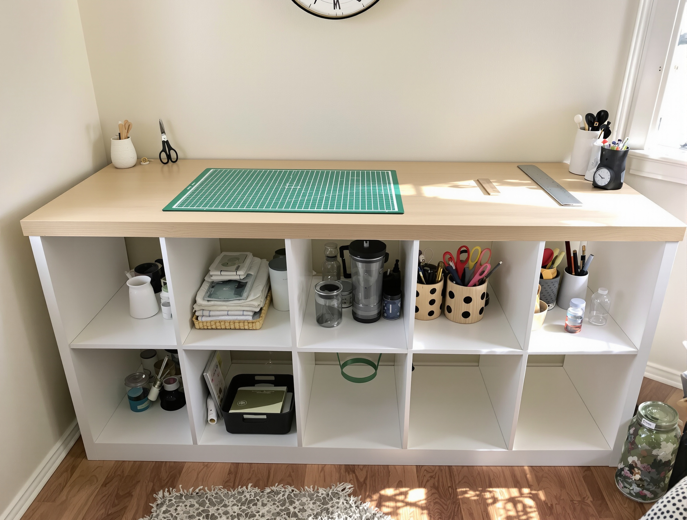 Table de coupe DIY style IKEA Hack avec caissons blancs Kallax dans un coin lumineux, tapis vert et accessoires couture.