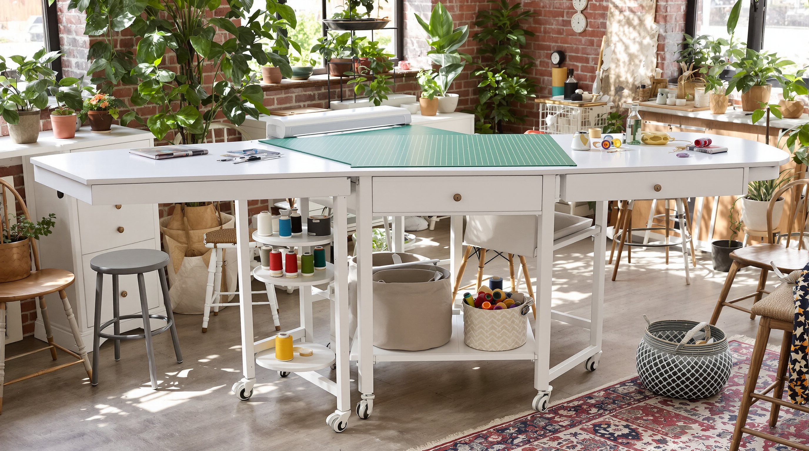 Table de coupe professionnelle avec roulettes freinées, plateaux latéraux escamotables, étagère inférieure dans un atelier bohème.