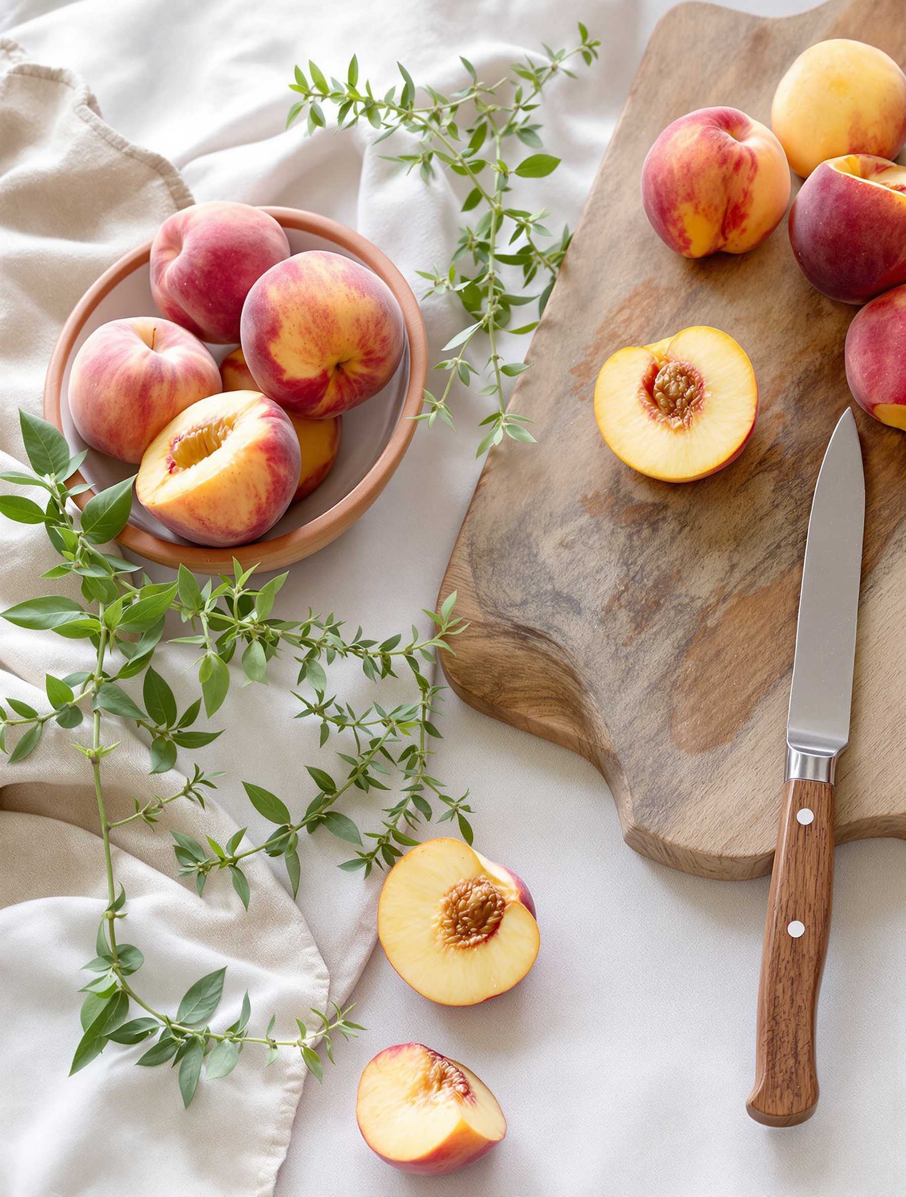 Table rustique avec pêches de vigne entières et coupées, verveine fraîche et couteau artisanal.