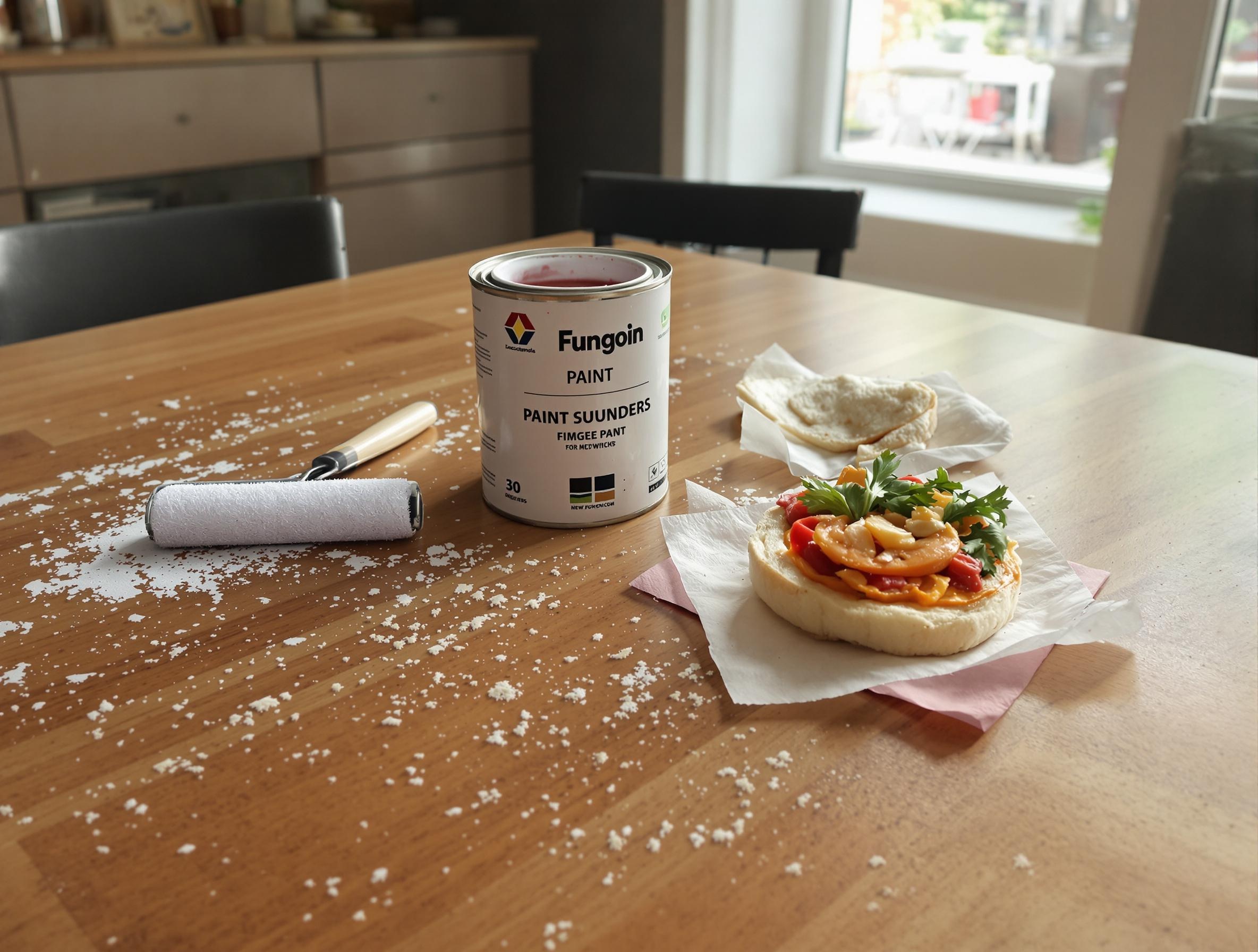 Table de cuisine avec pot de peinture, sandwich et rouleau abandonné