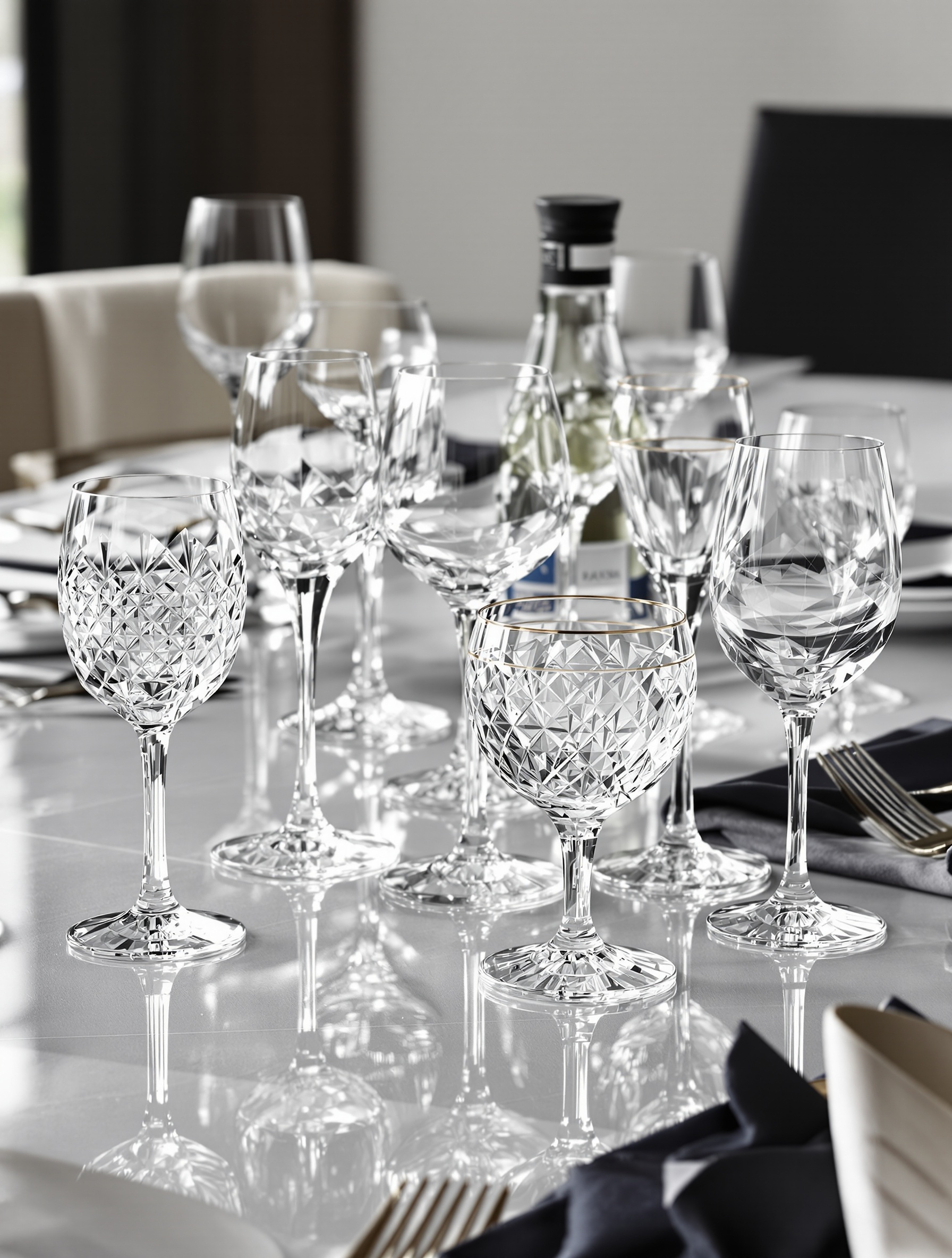 Table élégante avec des verres variés harmonieusement espacés.
