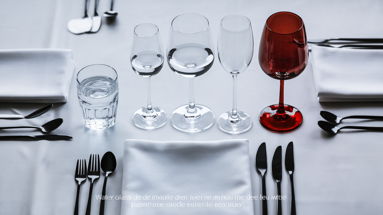 Disposition classique des verres : eau à gauche, vin blanc au centre, vin rouge à droite.