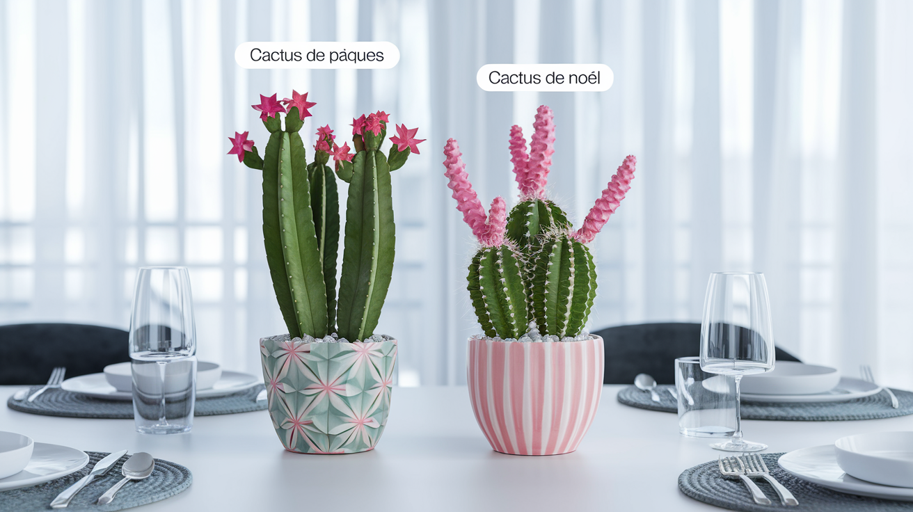 Comparatif visuel entre un cactus de Noël et un cactus de Pâques, en pots déco.