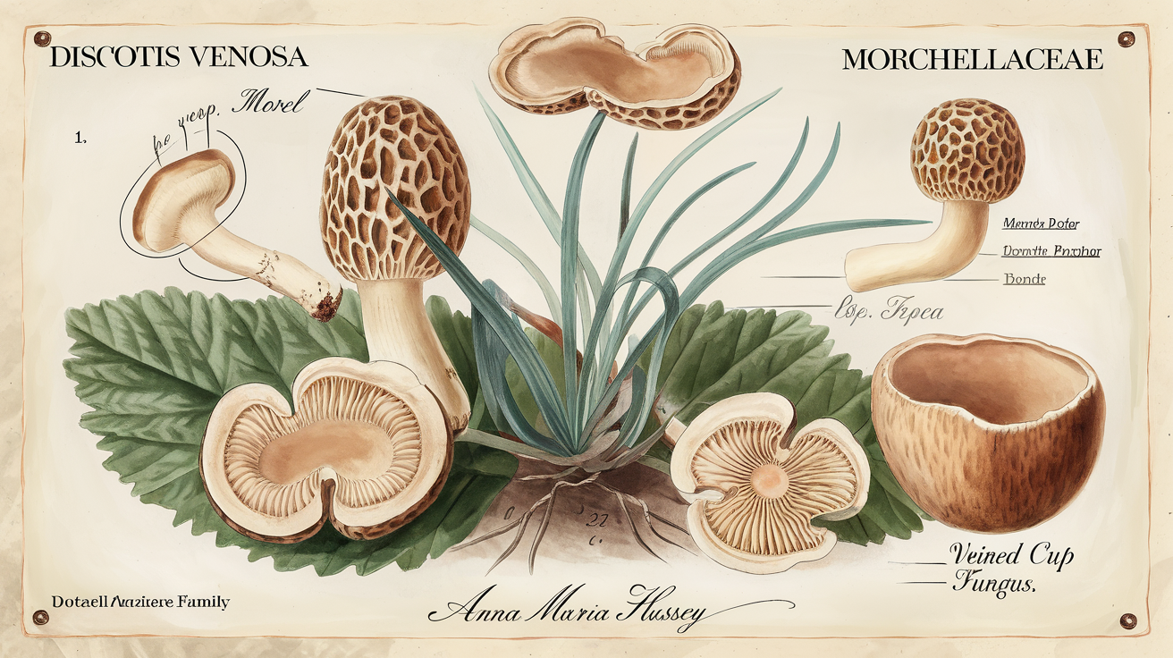 Arbre taxonomique stylisé Morchellaceae : morille, verpe, pézize veinée signée Anna Maria Hussey