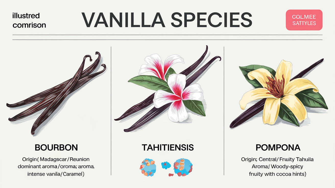 Comparatif visuel des espèces de vanilliers Bourbon Tahitiensis Pompona