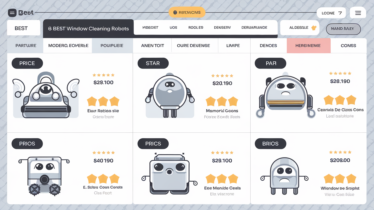 Tableau comparatif robots lave-vitres test et pictogrammes prix, étoiles et points forts/faibles.