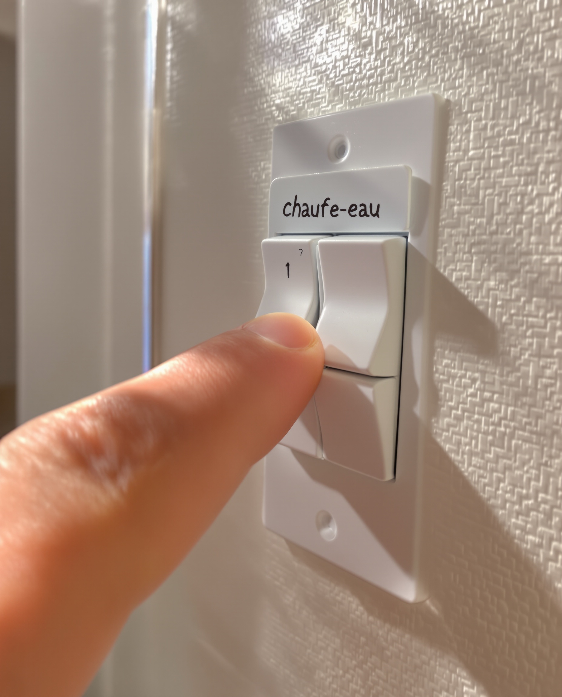 Doigt pointant le disjoncteur chauffe-eau sur un tableau électrique
