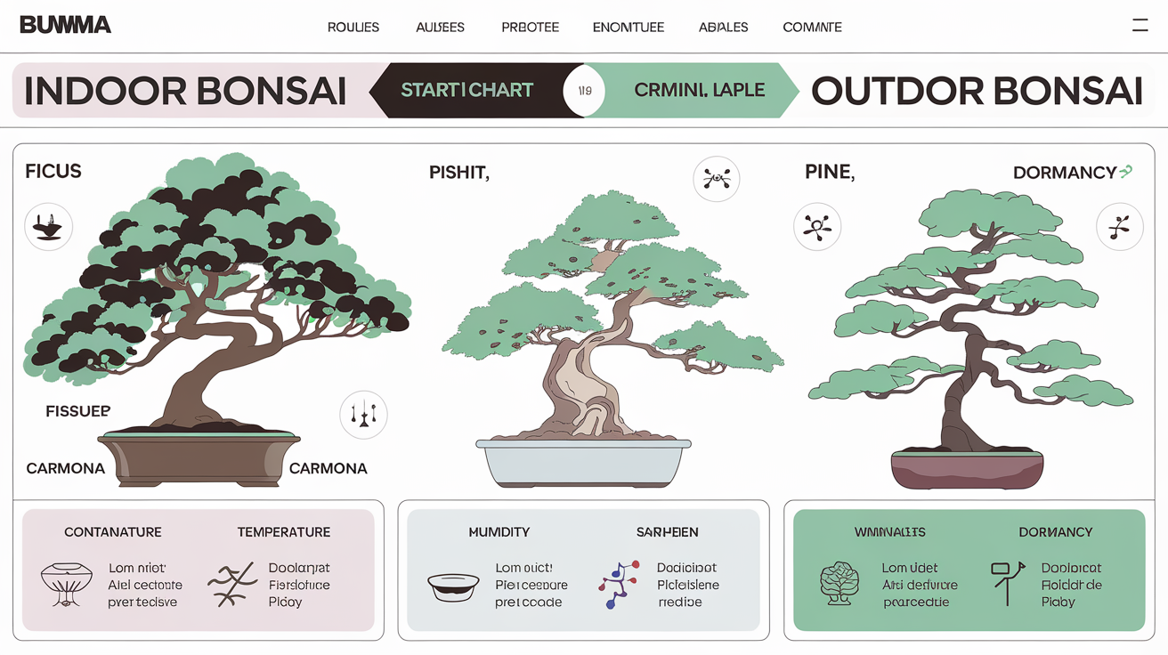 Tableau comparatif illustré des besoins des bonsaïs d'intérieur et d'extérieur.