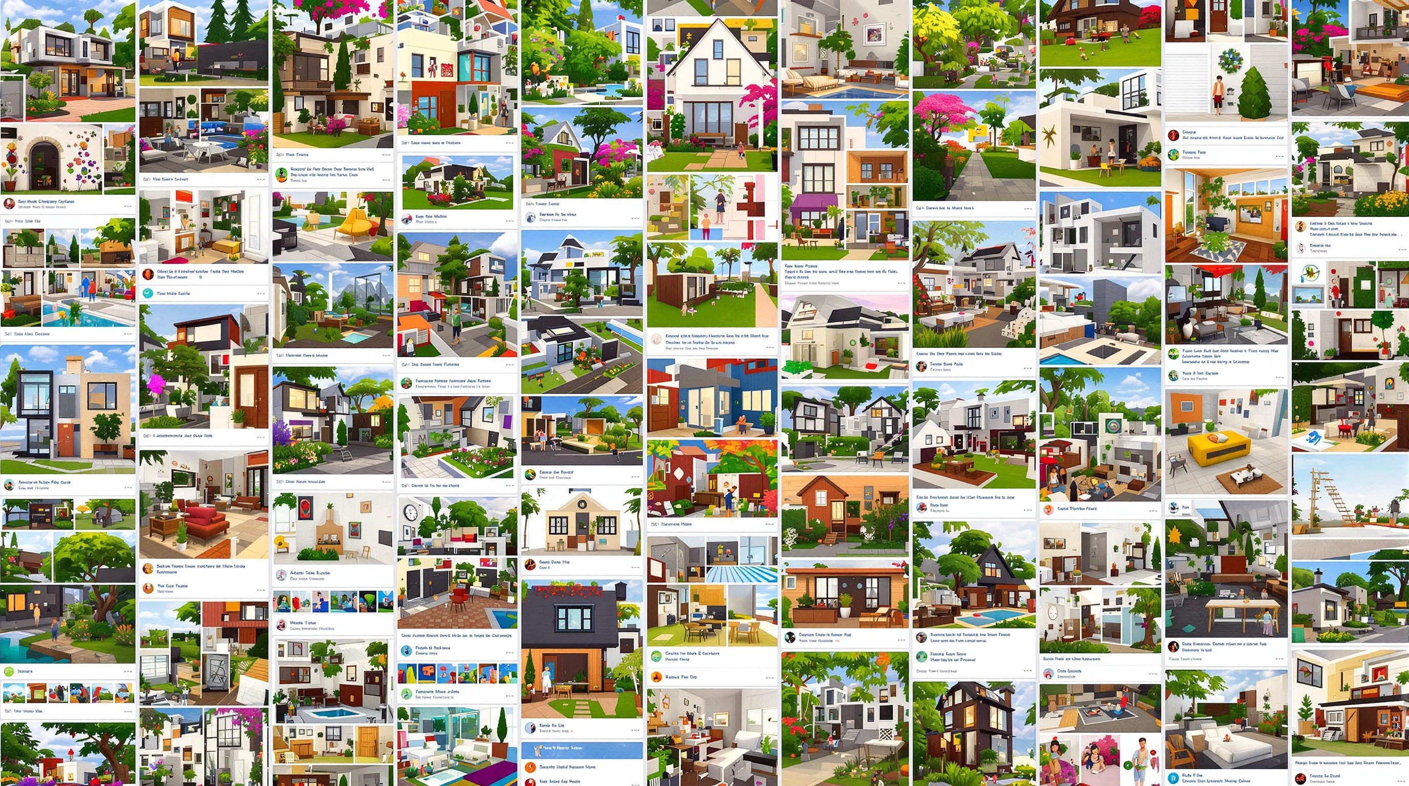 Exemple de tableau Pinterest avec une sélection variée de styles de maisons pour Les Sims 4, allant du moderne au cottage, avec des idées de décoration et d'aménagement extérieur.