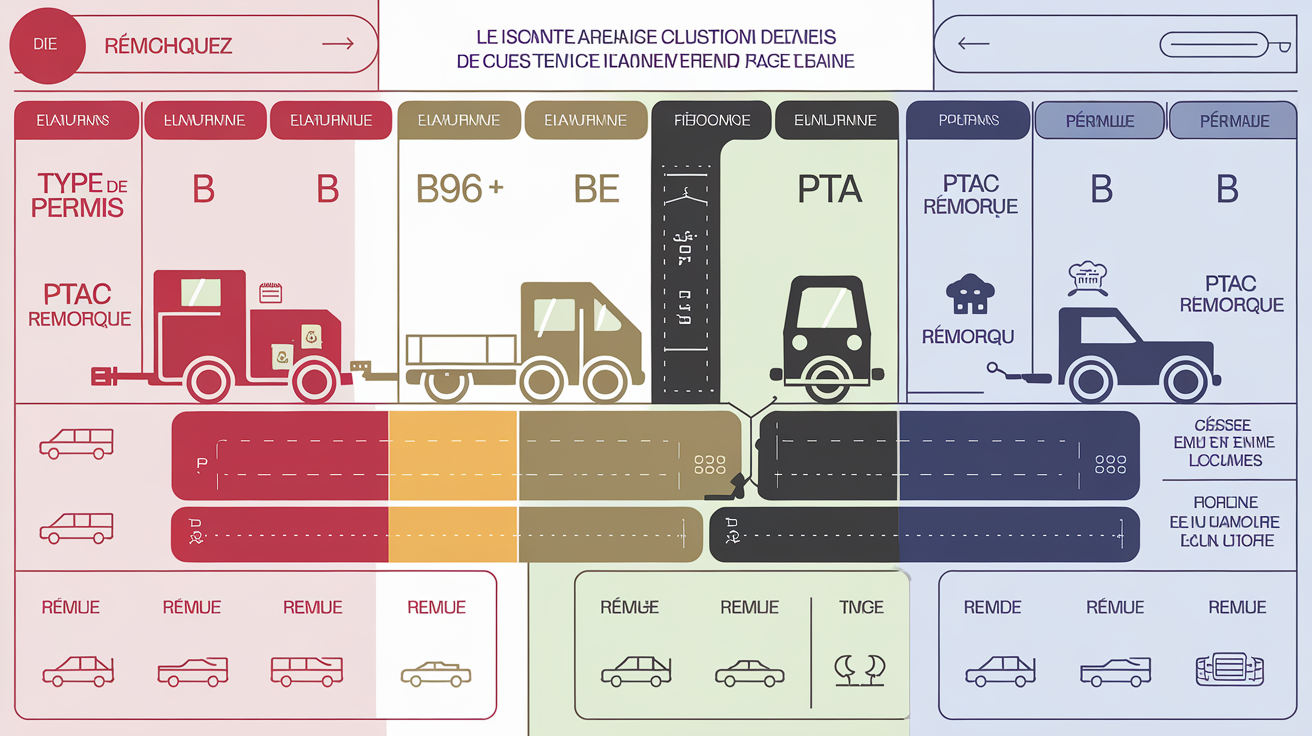 Tableau explicatif coloré des types de permis nécessaires pour tracter une remorque selon le PTAC et le PTRA en France.