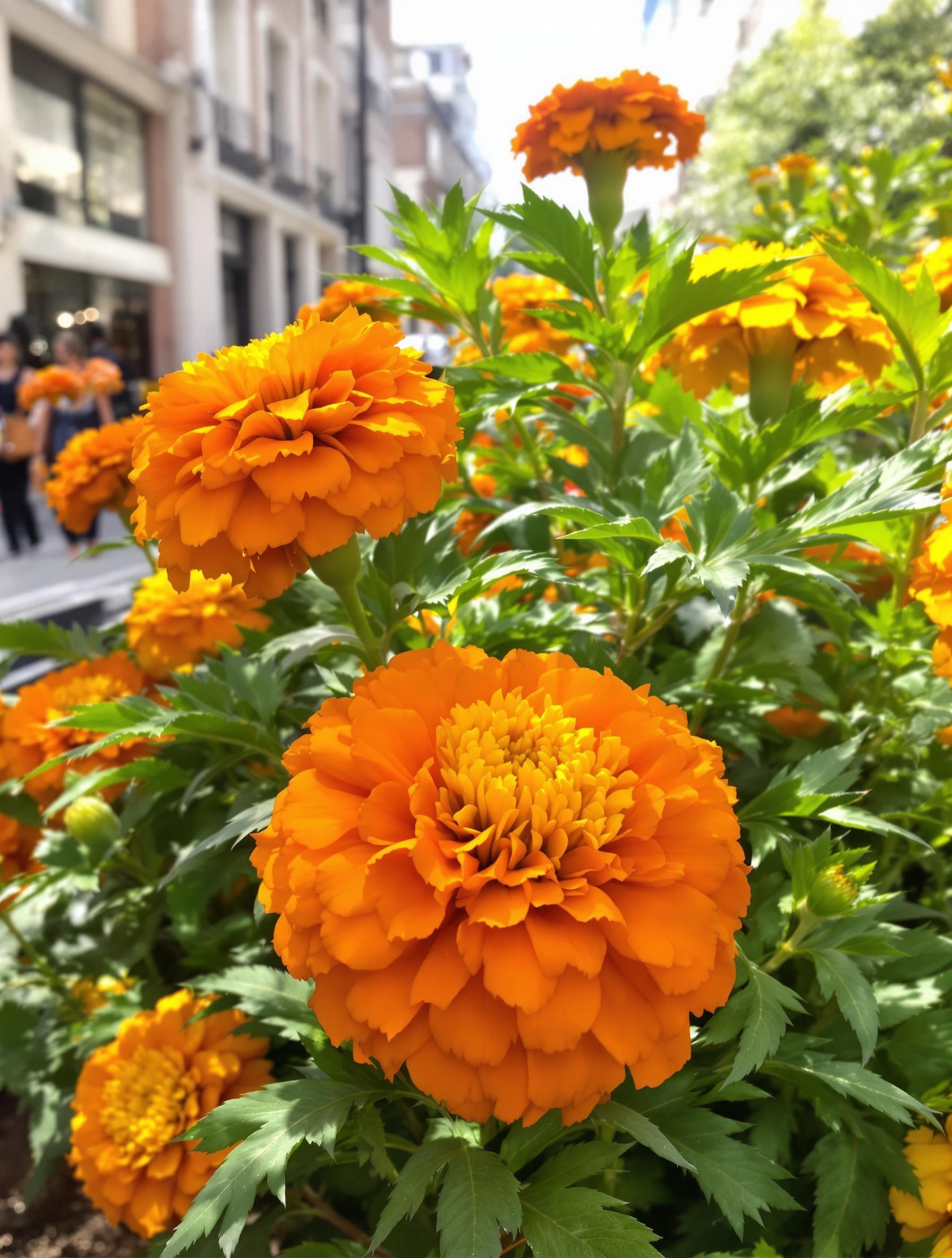 Gros plan sur un pompon de Tagetes erecta avec feuillage découpé.