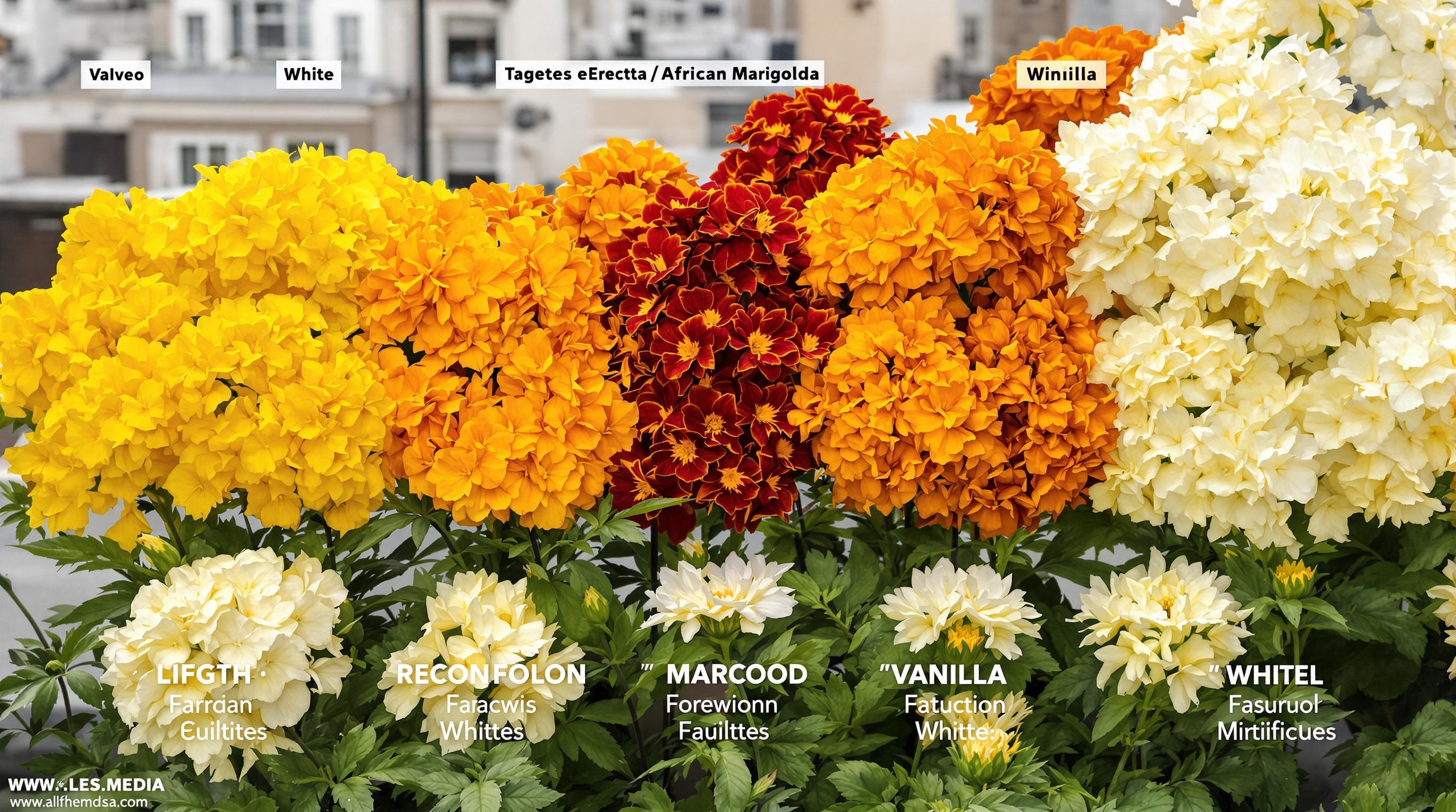 Palette de couleurs de Tagetes erecta : jaune, orange, blanc crème.