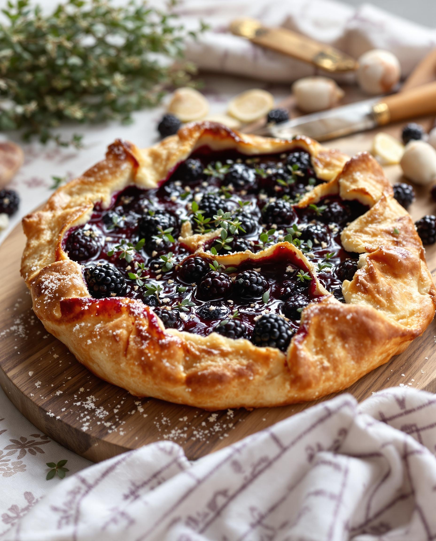 Tarte rustique aux mûres de platane, garnie de thym citron frais.