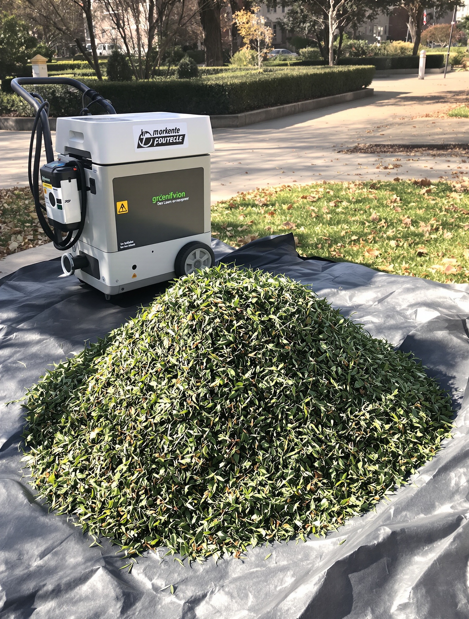 Déchets verts issus de la scarification bien entassés sur bâche à côté d’un broyeur