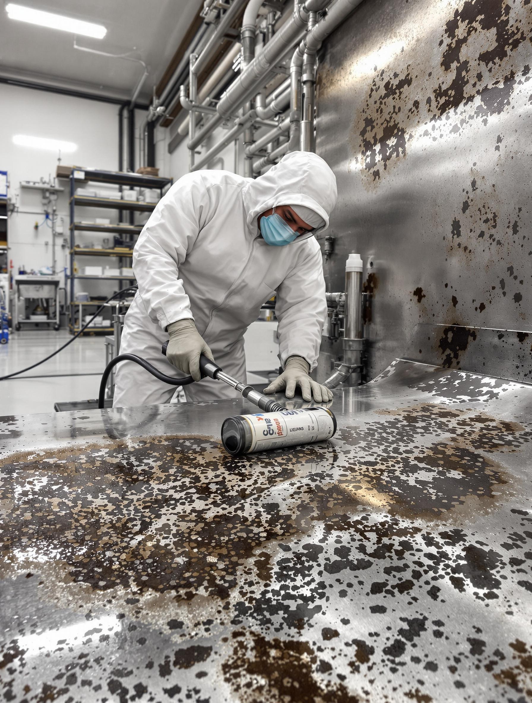 Technicien professionnel rénovant une surface en inox très abîmée.