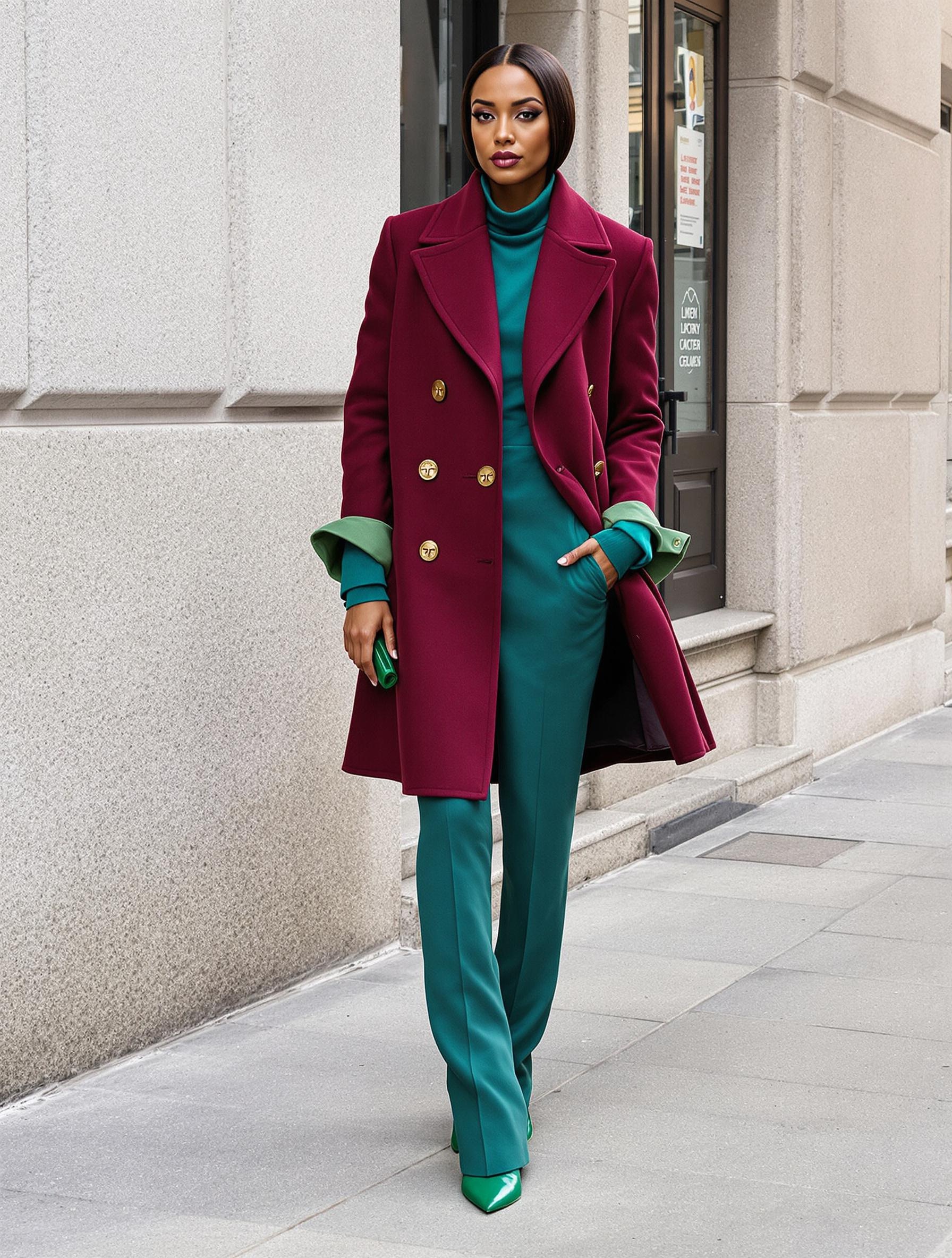 Exemple de tenue chic avec manteau rouge bordeaux et accessoires vert canard