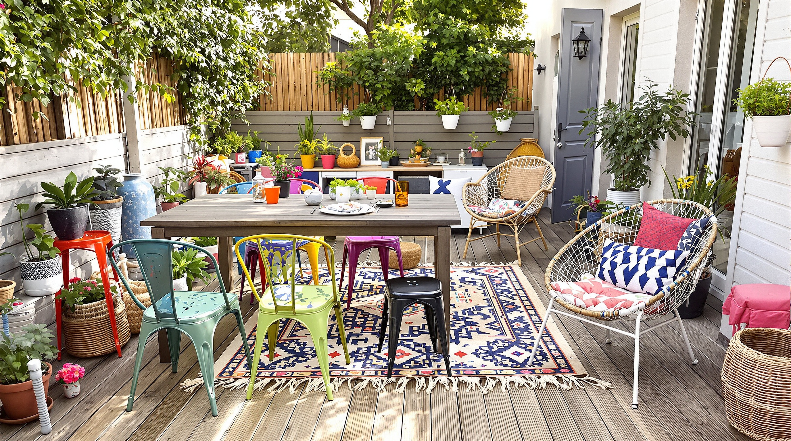 Terrasse bois mobilier dépareillé DIY éclectique et chaleureux