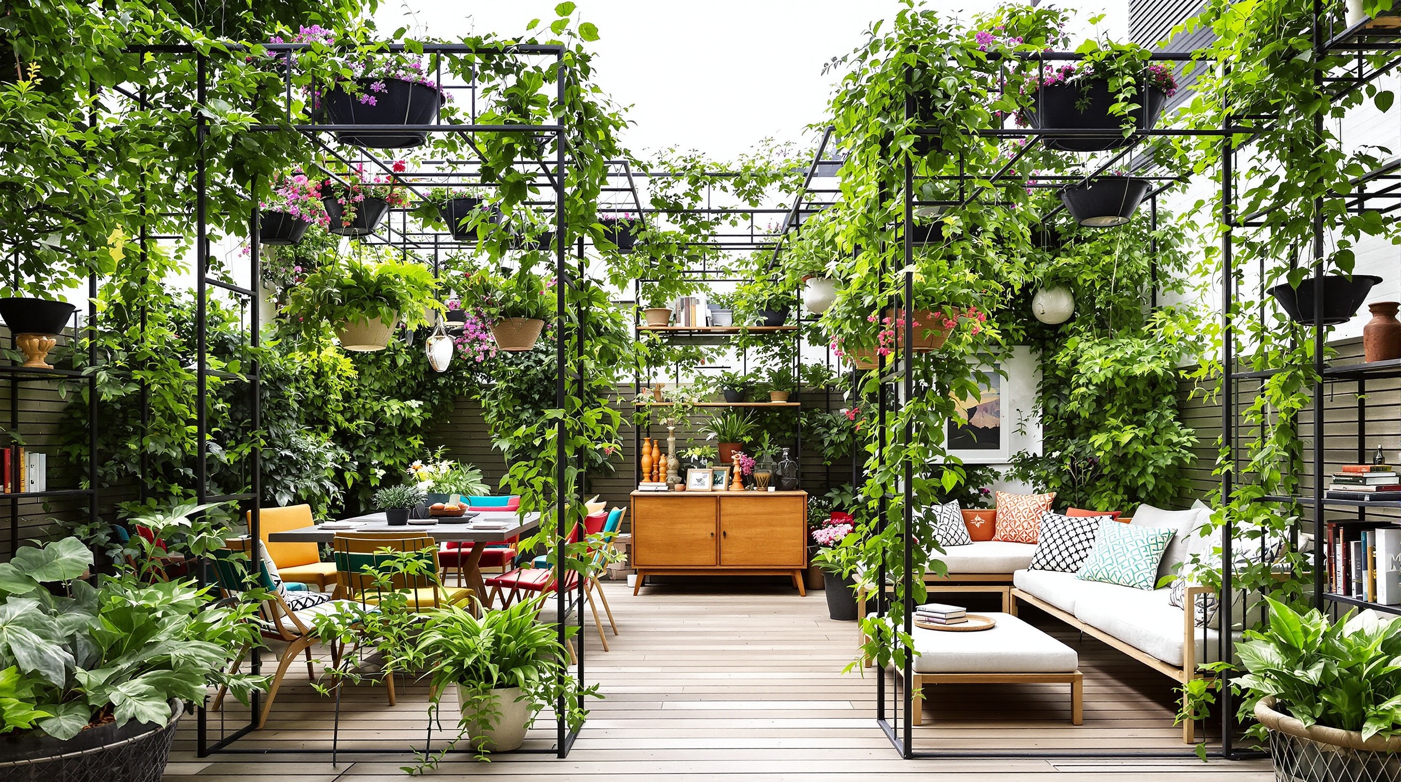 terrasse séparée étagère fer forgé coin détente repas ambiance végétale