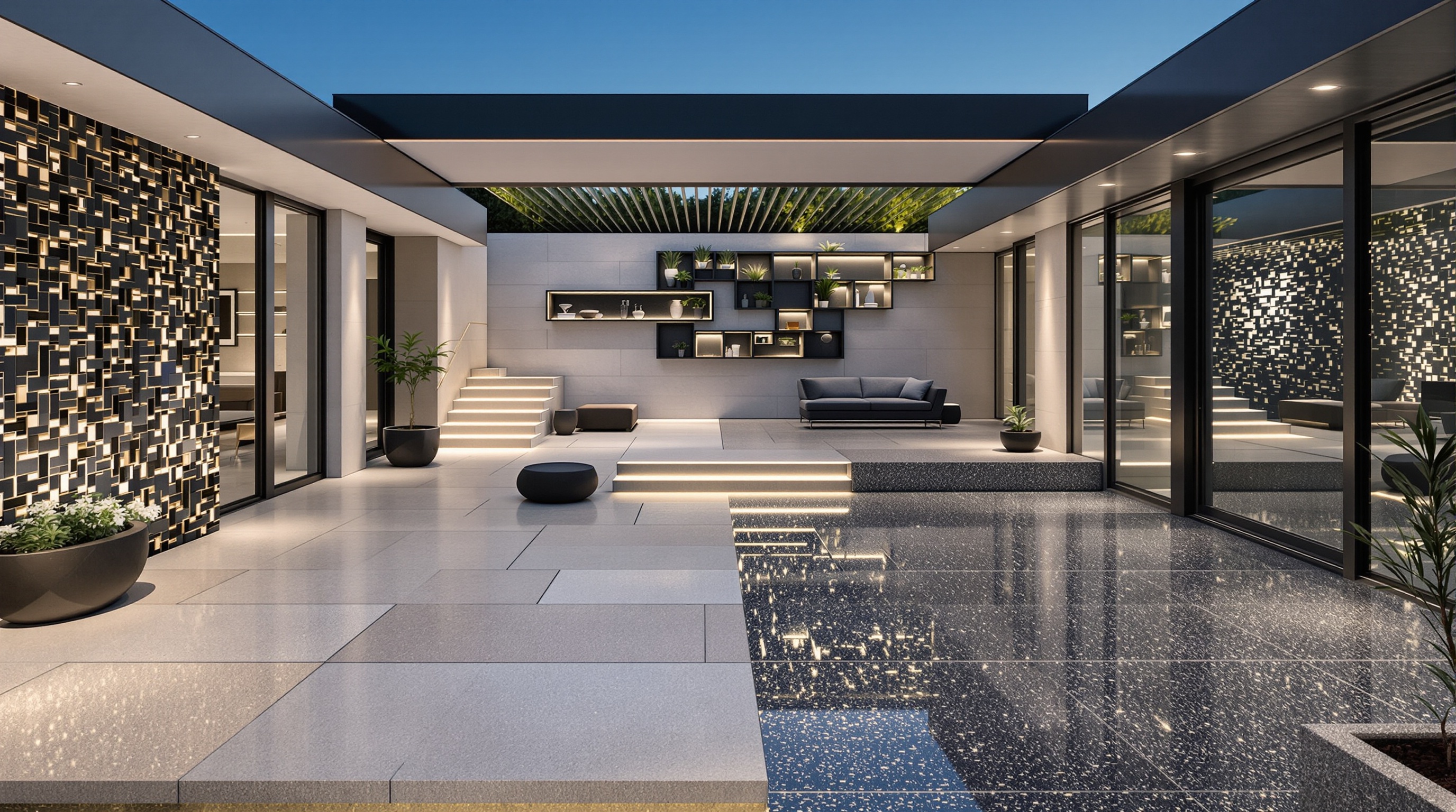 Terrasse moderne en pierre naturelle : travertin, granit, ardoise, quartzite