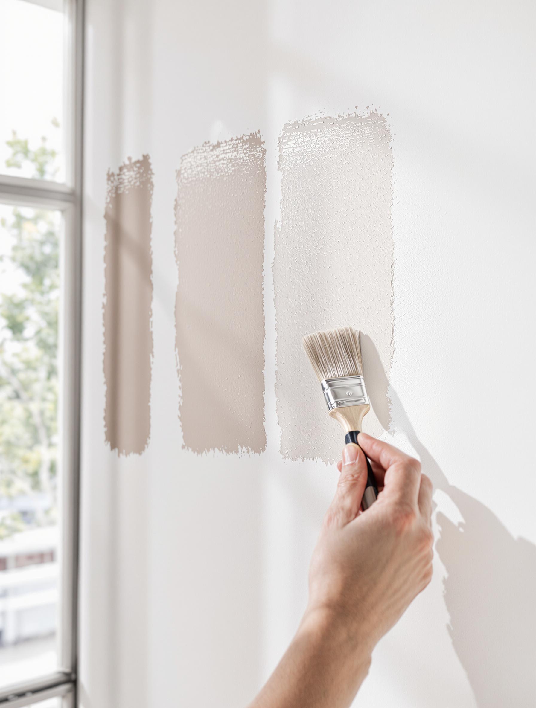 Testeur peinture appliqué sur un mur blanc avec plusieurs nuances