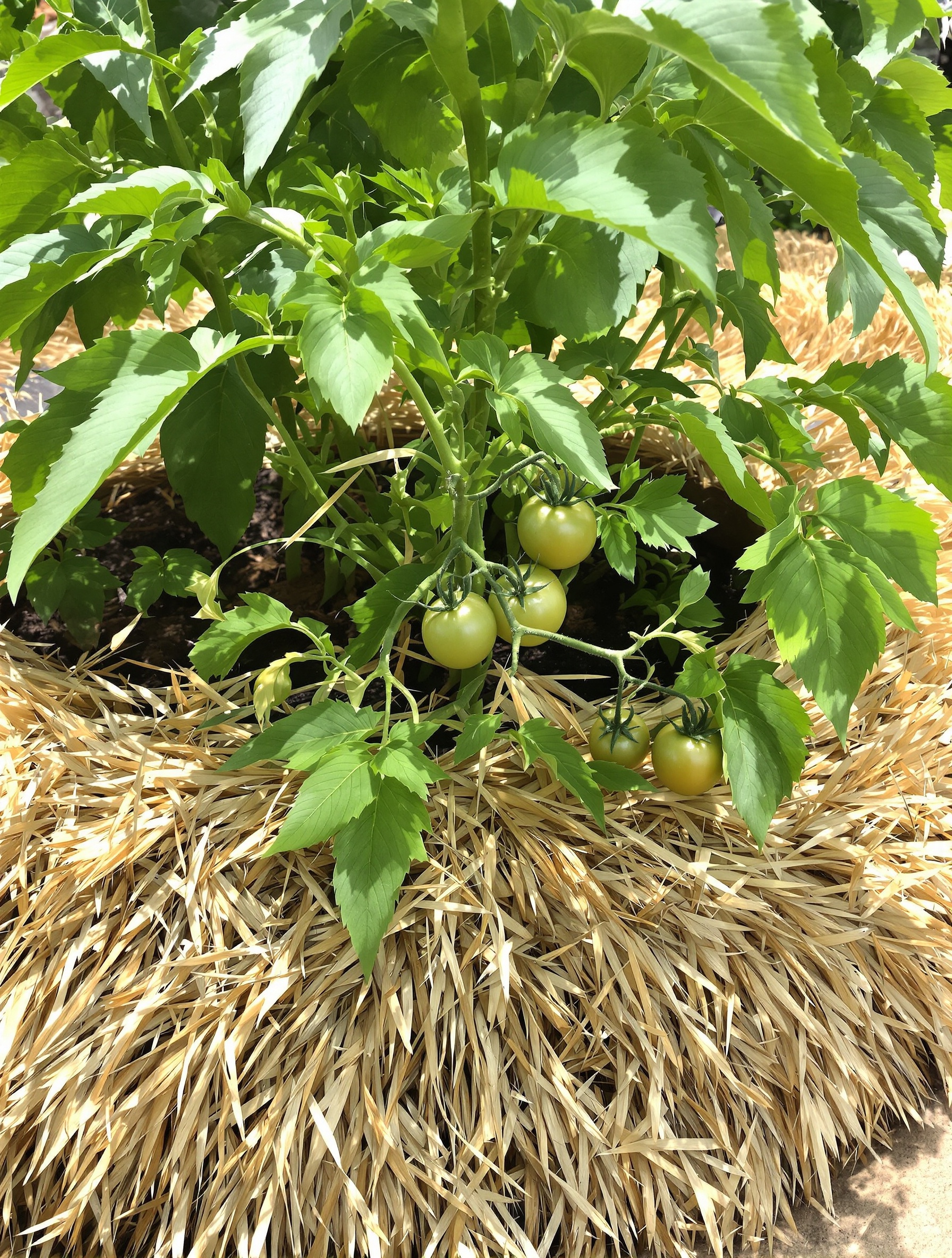 Plant de Tomate Maestria avec un paillage de Miscanthus bien installé à son pied, protégeant le sol et conservant l'humidité. L'image met en évidence la propreté et la structure du paillage autour de la base du plant.