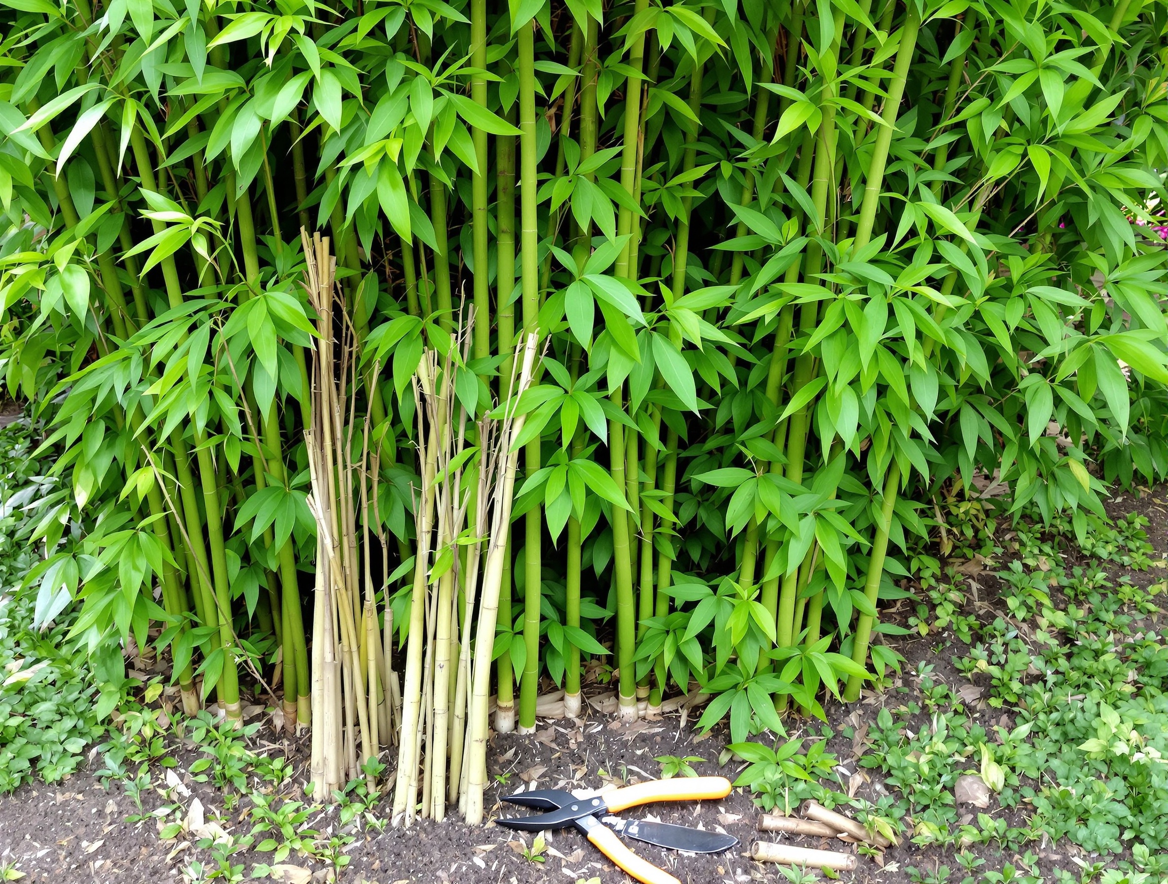 Touffe de Fargesia entretenue avec quelques chaumes secs coupés au sol.